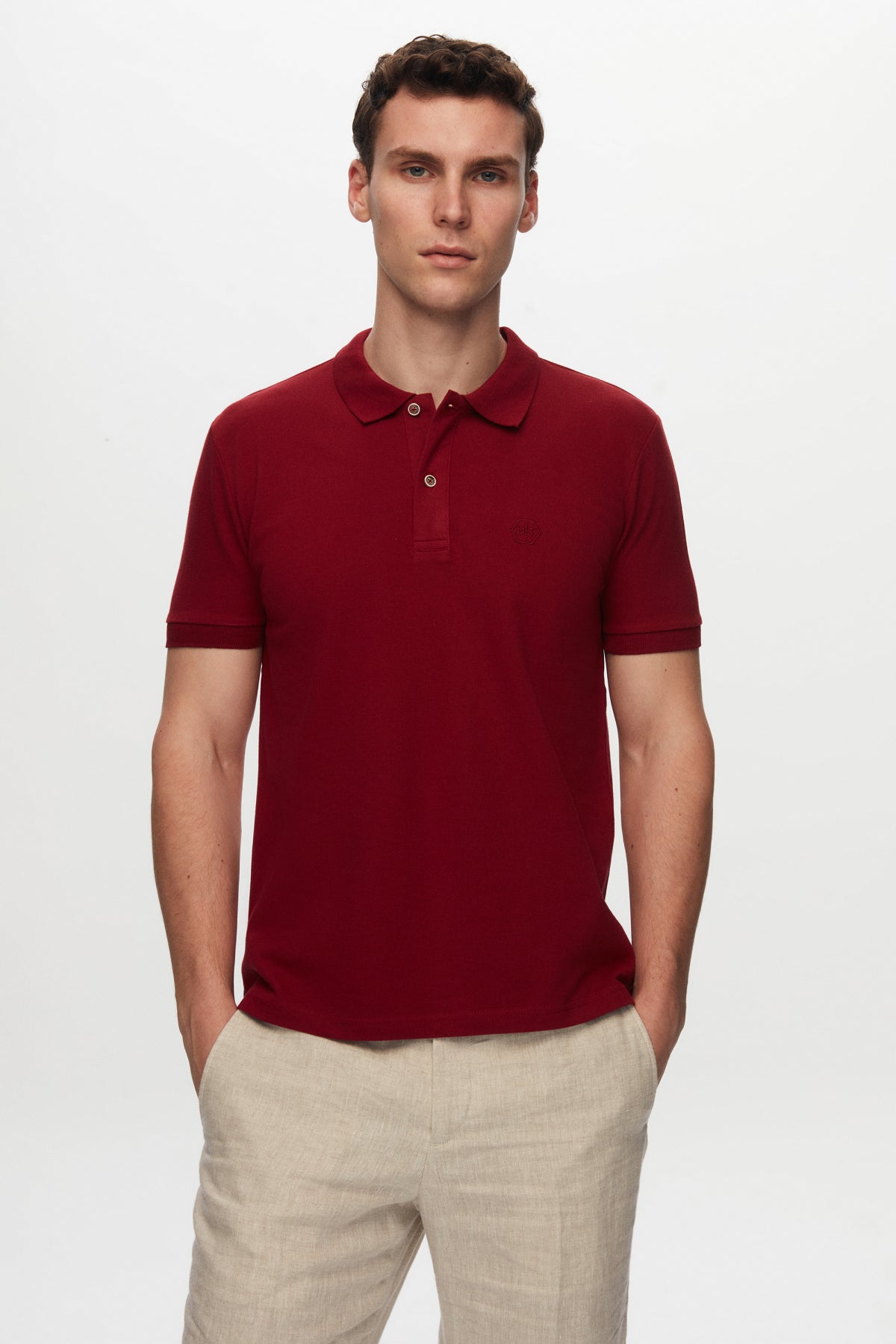 Ds Damat Regular Fit Textured 100% Cotton Wrinkle-Resistant Polo Collar Embroidered T-Shirt  - Burgundy