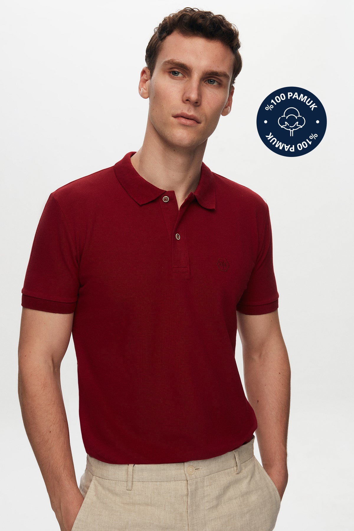 Ds Damat Regular Fit Textured 100% Cotton Wrinkle-Resistant Polo Collar Embroidered T-Shirt  - Burgundy