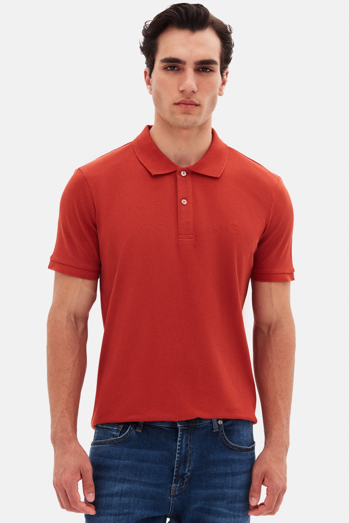 Ds Damat Regular Fit Textured 100% Cotton Wrinkle-Resistant Polo Collar Embroidered T-Shirt  - Cinnamon