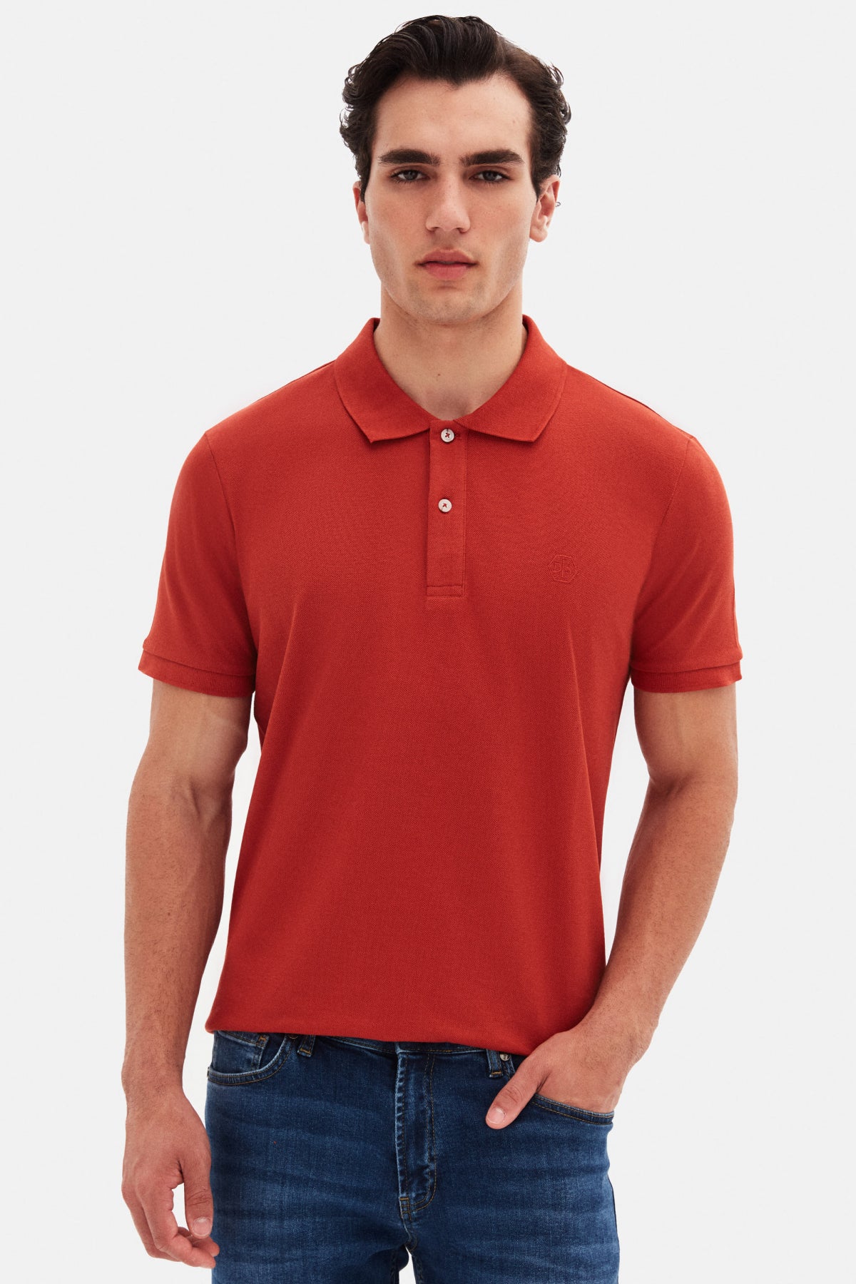 Ds Damat Regular Fit Textured 100% Cotton Wrinkle-Resistant Polo Collar Embroidered T-Shirt  - Cinnamon