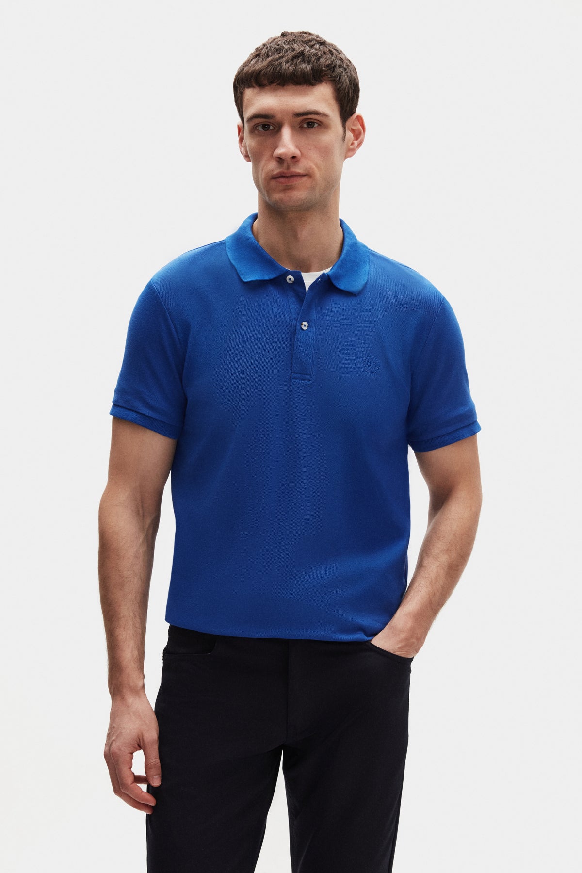 Ds Damat Regular Fit Textured 100% Cotton Wrinkle-Resistant Polo Collar Embroidered T-Shirt  - Cobalt Blue
