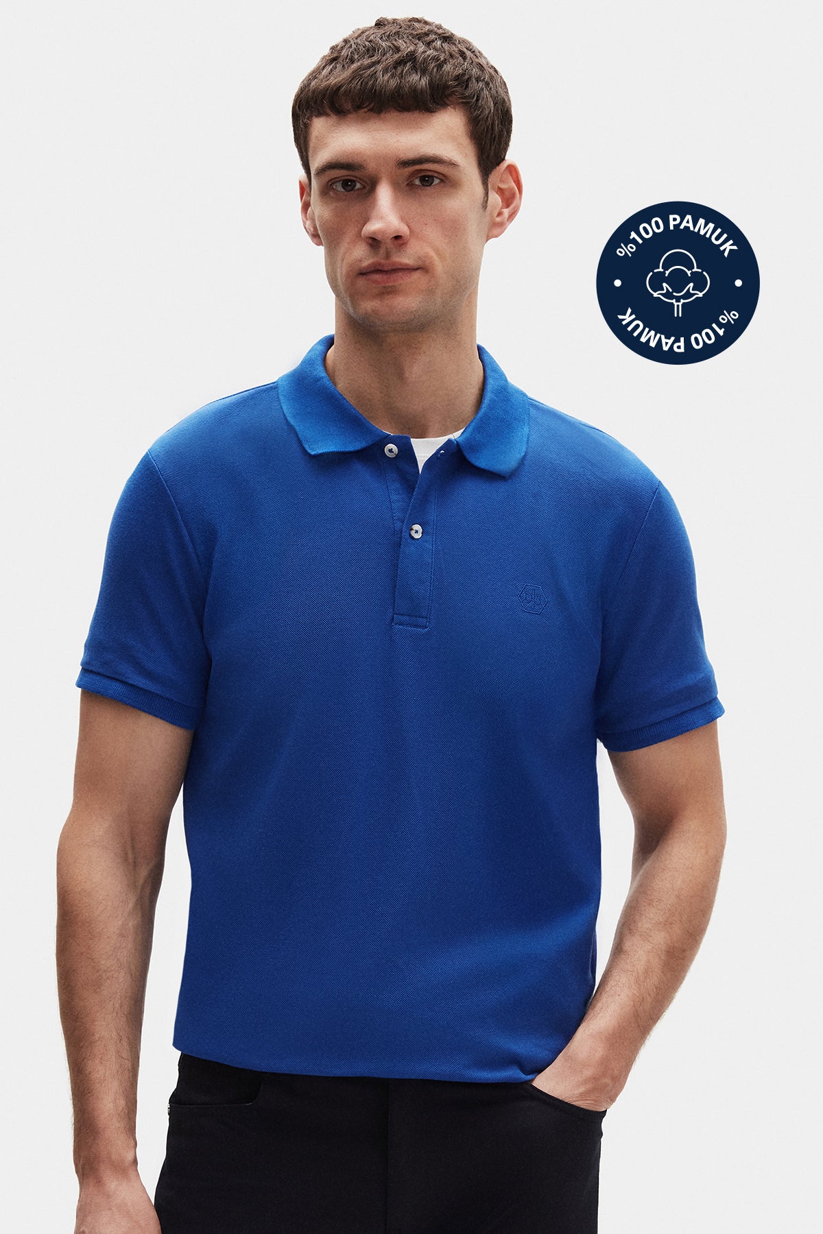 Ds Damat Regular Fit Textured 100% Cotton Wrinkle-Resistant Polo Collar Embroidered T-Shirt  - Cobalt Blue