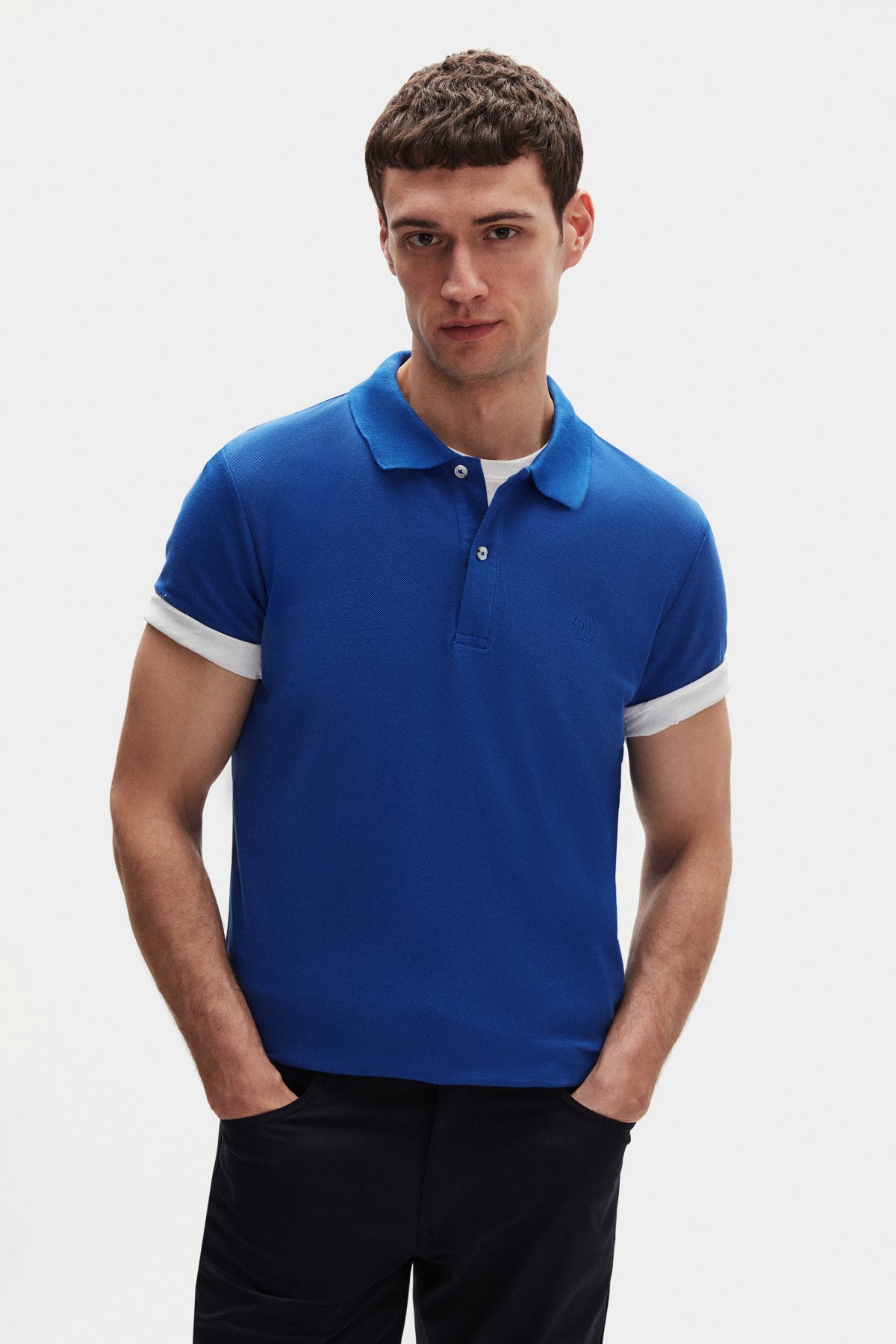 Ds Damat Regular Fit Textured 100% Cotton Wrinkle-Resistant Polo Collar Embroidered T-Shirt  - Cobalt Blue