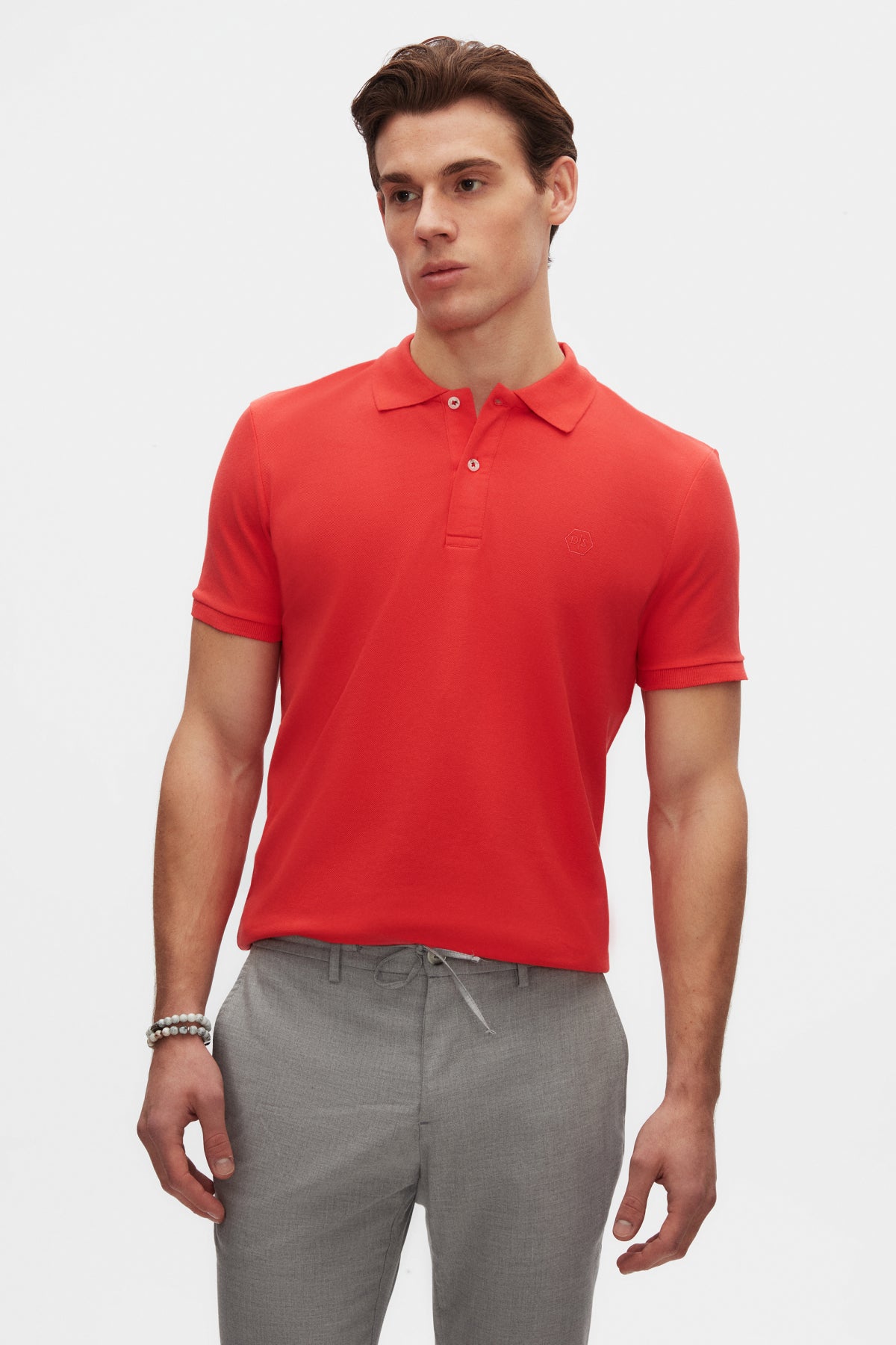 Ds Damat Regular Fit Textured 100% Cotton Wrinkle-Resistant Polo Collar Embroidered T-Shirt  - Flamingo Pink