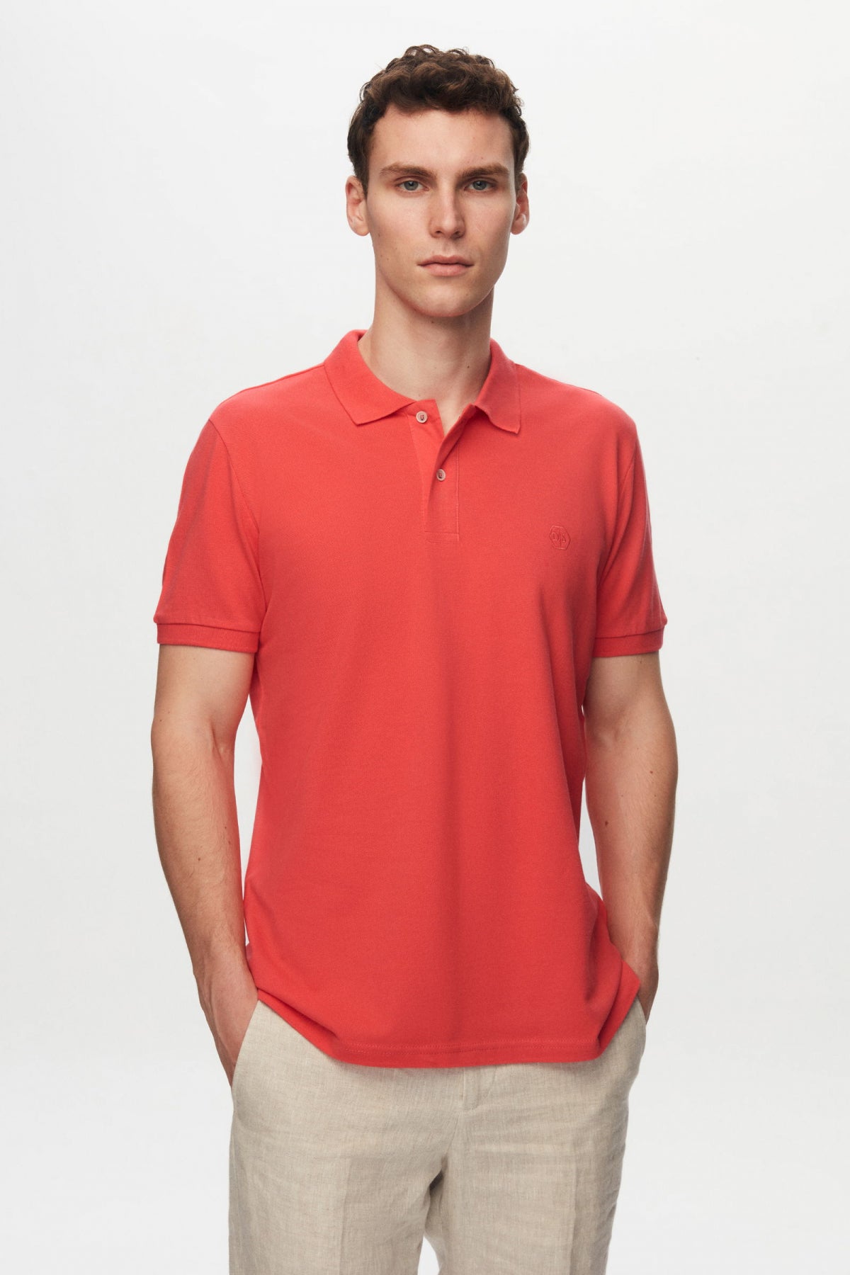 Ds Damat Regular Fit Textured 100% Cotton Wrinkle-Resistant Polo Collar Embroidered T-Shirt  - Flamingo Pink