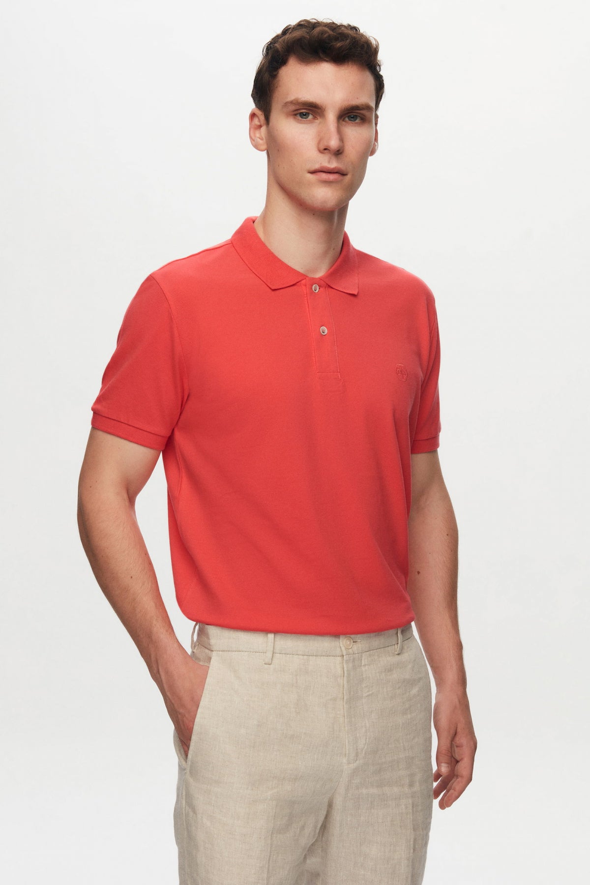 Ds Damat Regular Fit Textured 100% Cotton Wrinkle-Resistant Polo Collar Embroidered T-Shirt  - Flamingo Pink