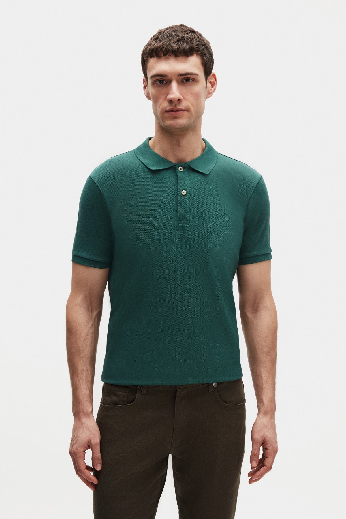 Ds Damat Regular Fit Textured 100% Cotton Wrinkle-Resistant Polo Collar Embroidered T-Shirt  - Khaki