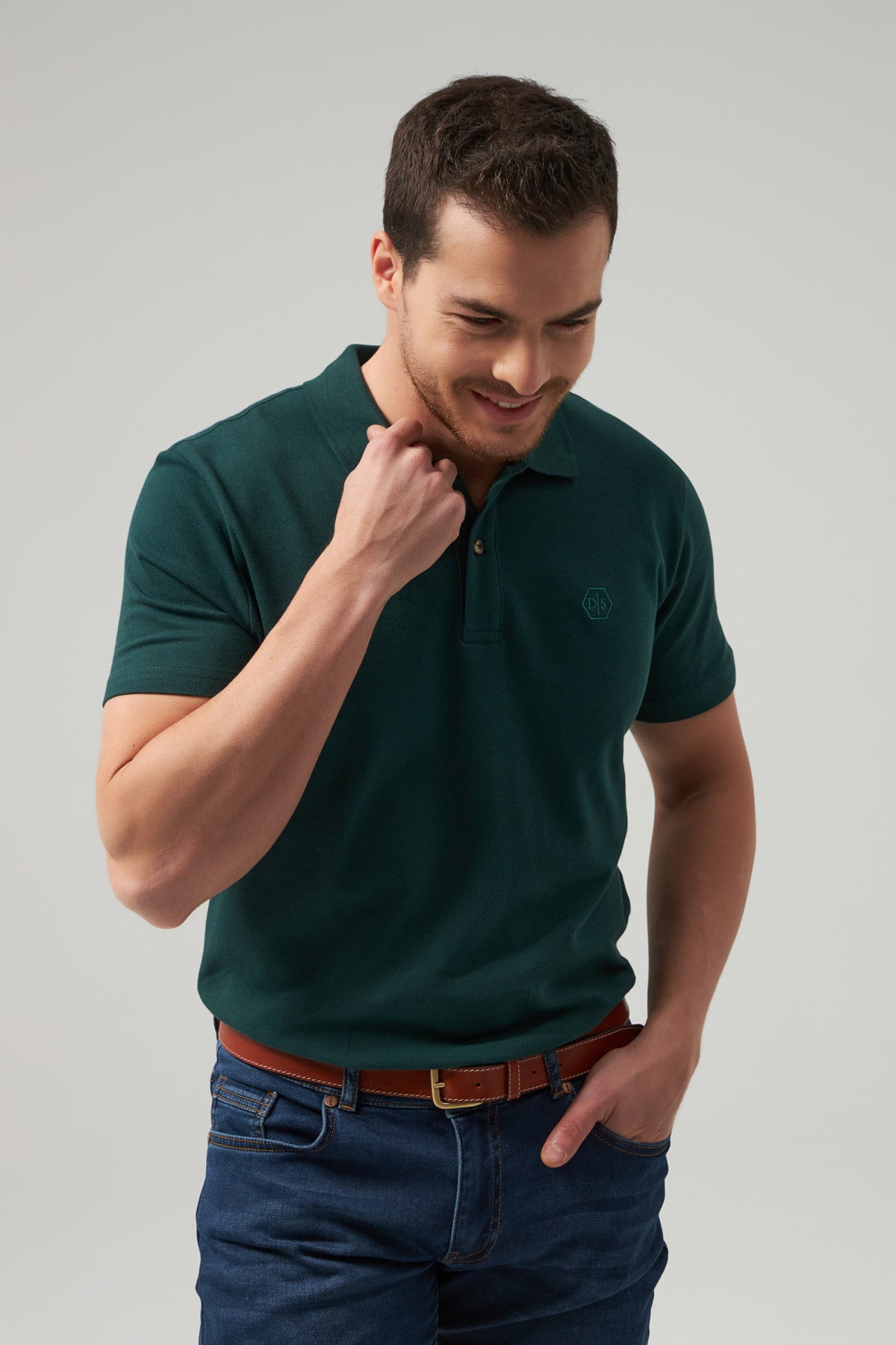 Ds Damat Regular Fit Textured 100% Cotton Wrinkle-Resistant Polo Collar Embroidered T-Shirt  - Khaki