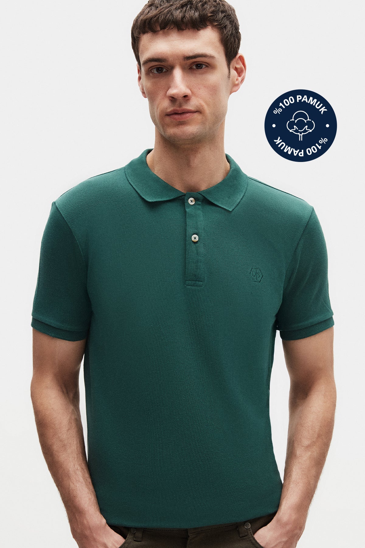 Ds Damat Regular Fit Textured 100% Cotton Wrinkle-Resistant Polo Collar Embroidered T-Shirt  - Khaki