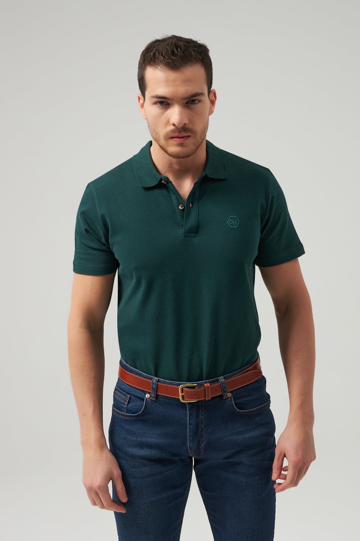 Ds Damat Regular Fit Textured 100% Cotton Wrinkle-Resistant Polo Collar Embroidered T-Shirt  - Khaki
