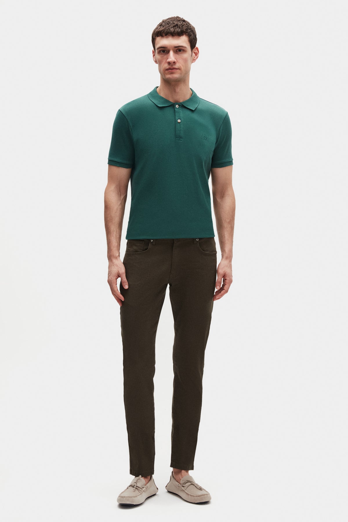 Ds Damat Regular Fit Textured 100% Cotton Wrinkle-Resistant Polo Collar Embroidered T-Shirt  - Khaki