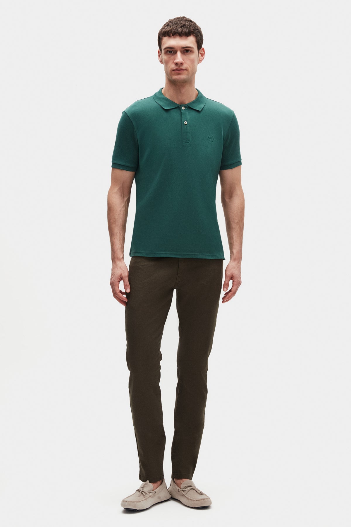 Ds Damat Regular Fit Textured 100% Cotton Wrinkle-Resistant Polo Collar Embroidered T-Shirt  - Khaki