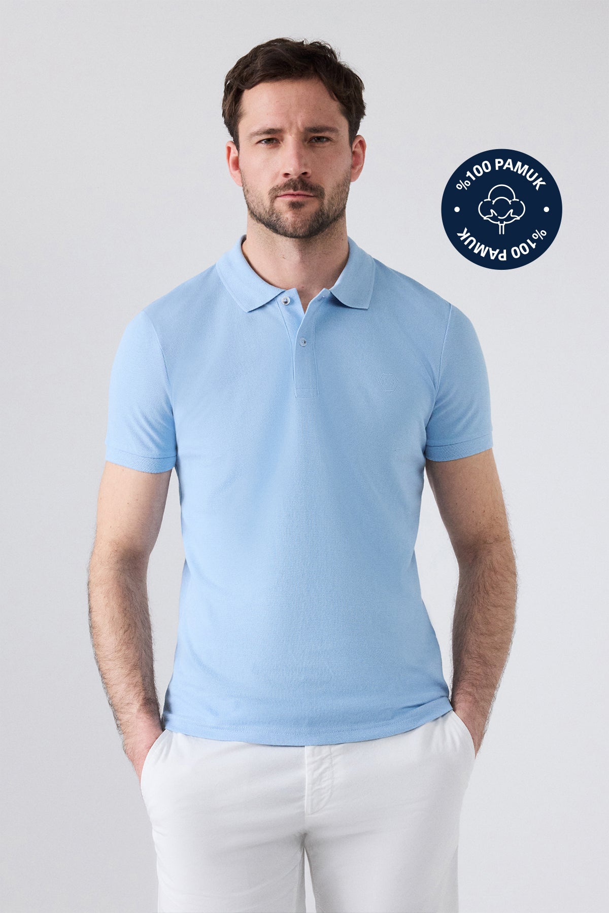 Ds Damat Regular Fit Textured 100% Cotton Wrinkle-Resistant Polo Collar Embroidered T-Shirt  - Light Blue