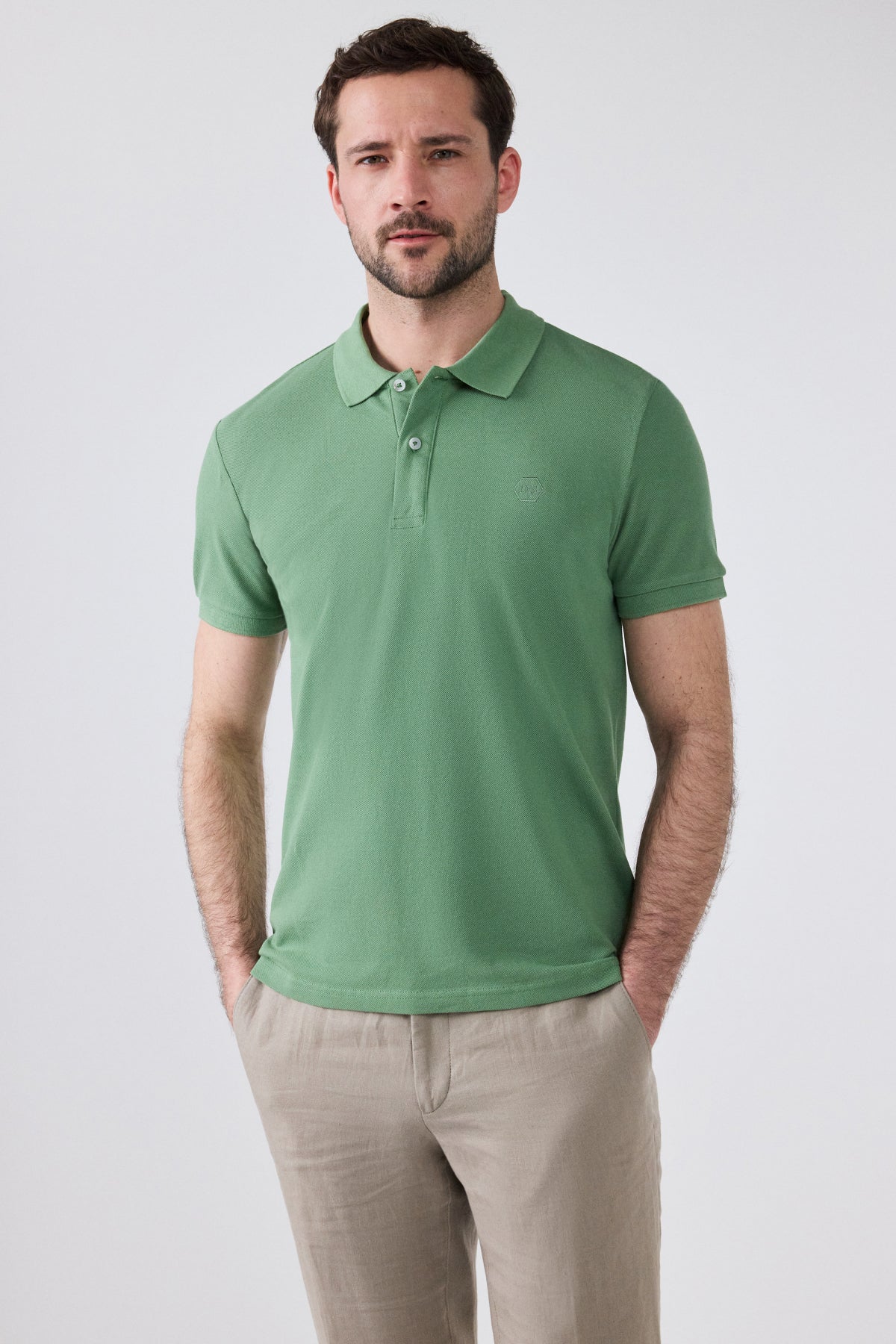 Ds Damat Regular Fit Textured 100% Cotton Wrinkle-Resistant Polo Collar Embroidered T-Shirt  - Light Green