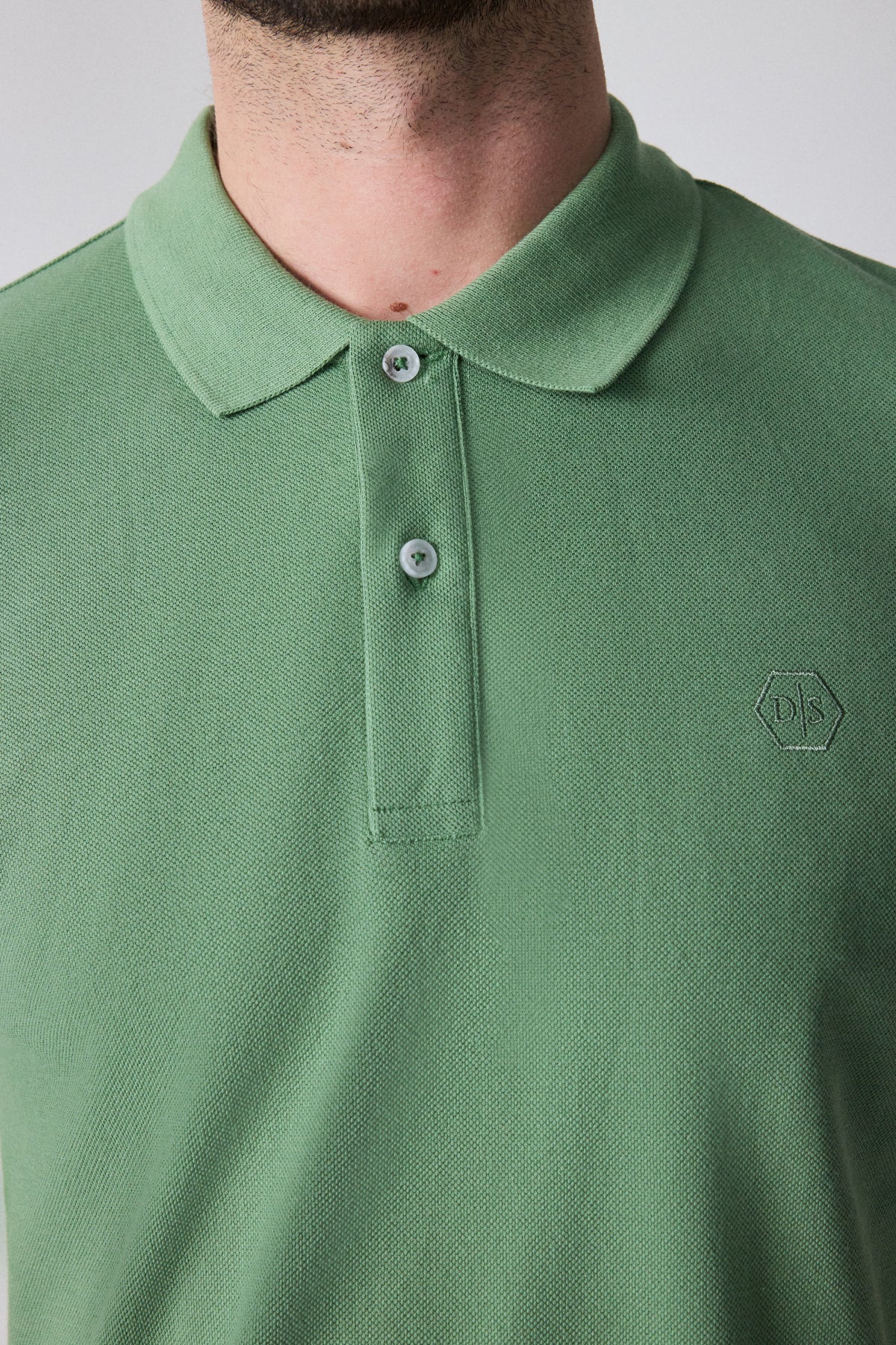 Ds Damat Regular Fit Textured 100% Cotton Wrinkle-Resistant Polo Collar Embroidered T-Shirt  - Light Green