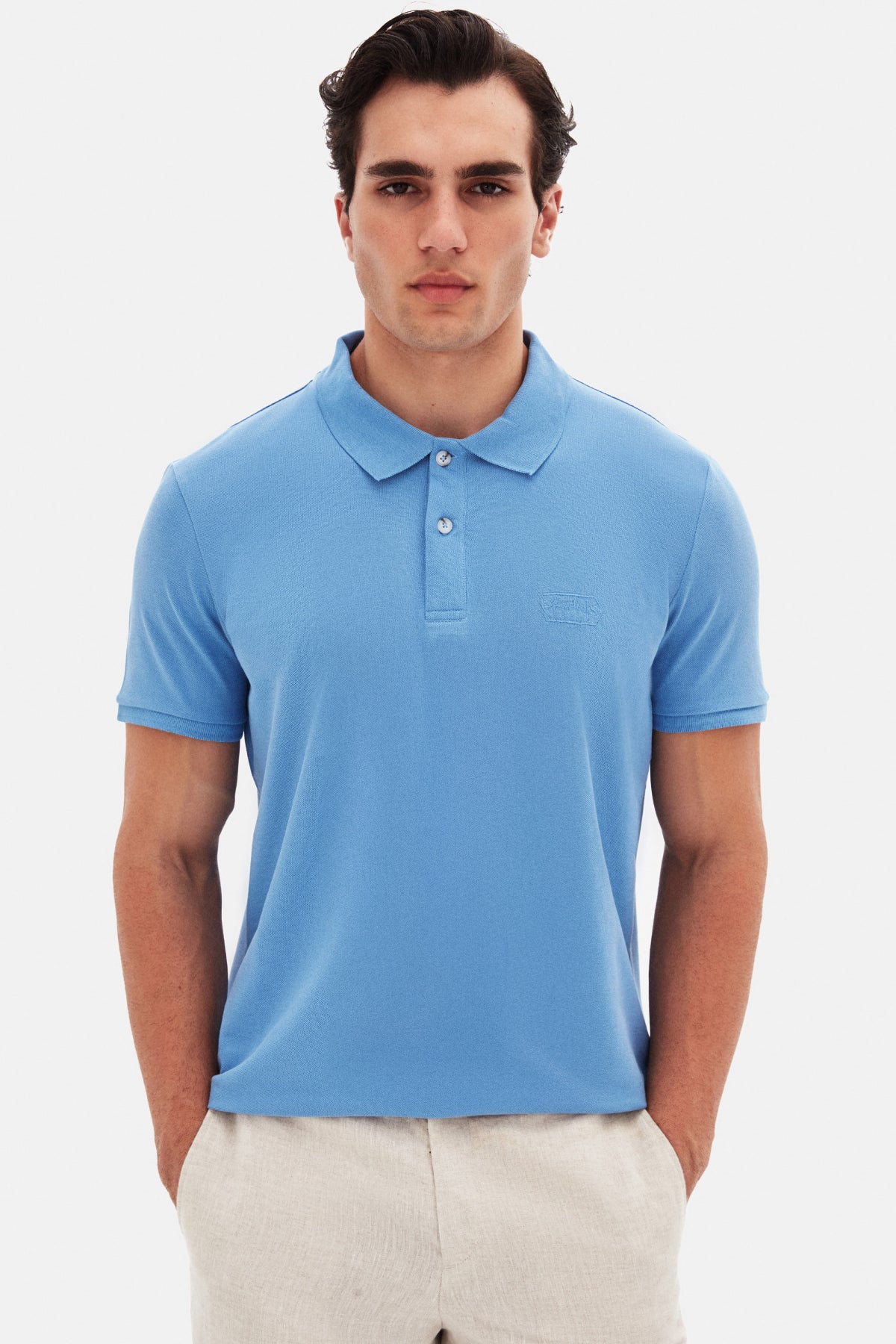 Ds Damat Regular Fit Textured 100% Cotton Wrinkle-Resistant Polo Collar Embroidered T-Shirt  - Light Indigo