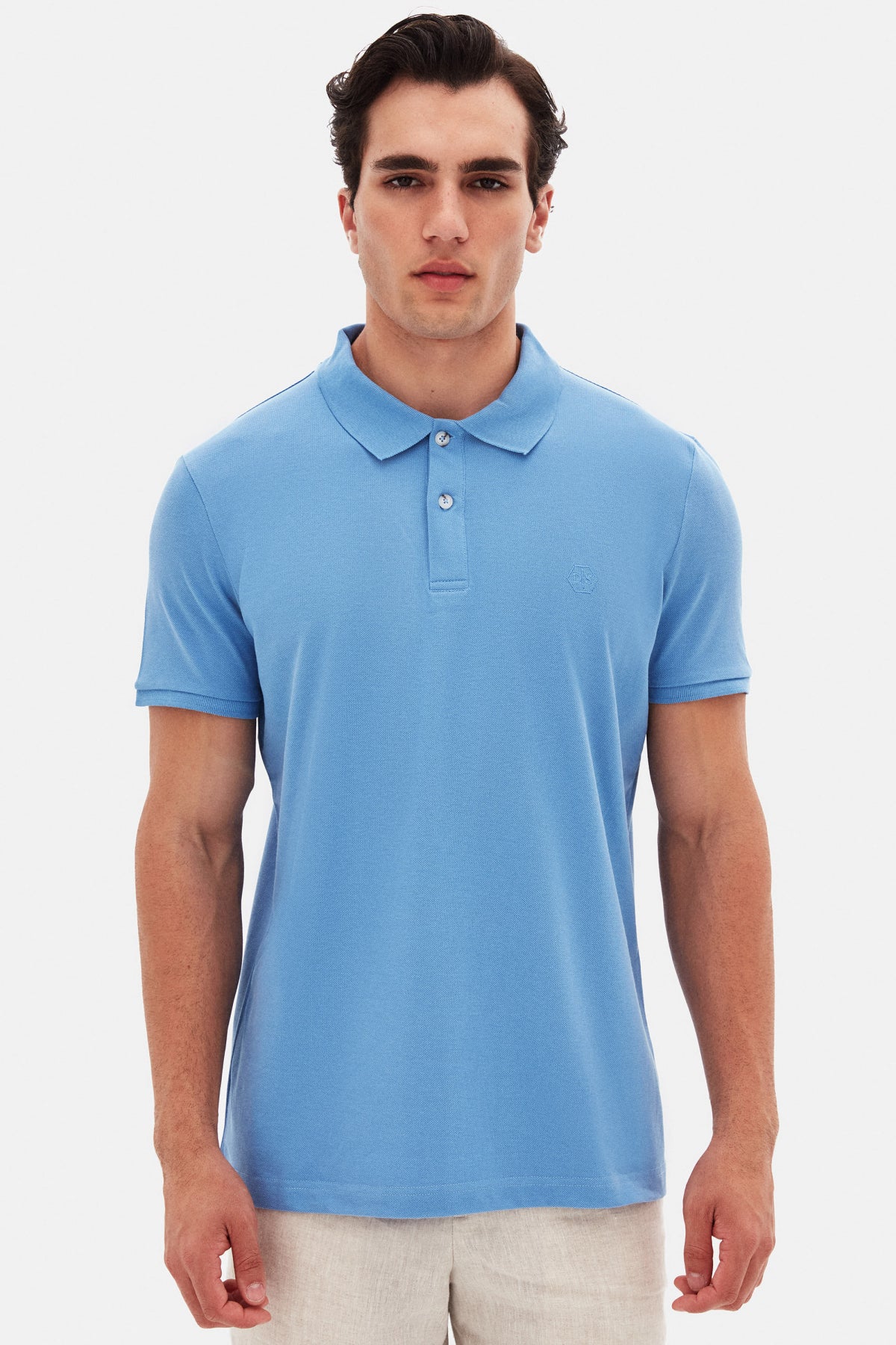 Ds Damat Regular Fit Textured 100% Cotton Wrinkle-Resistant Polo Collar Embroidered T-Shirt  - Light Indigo