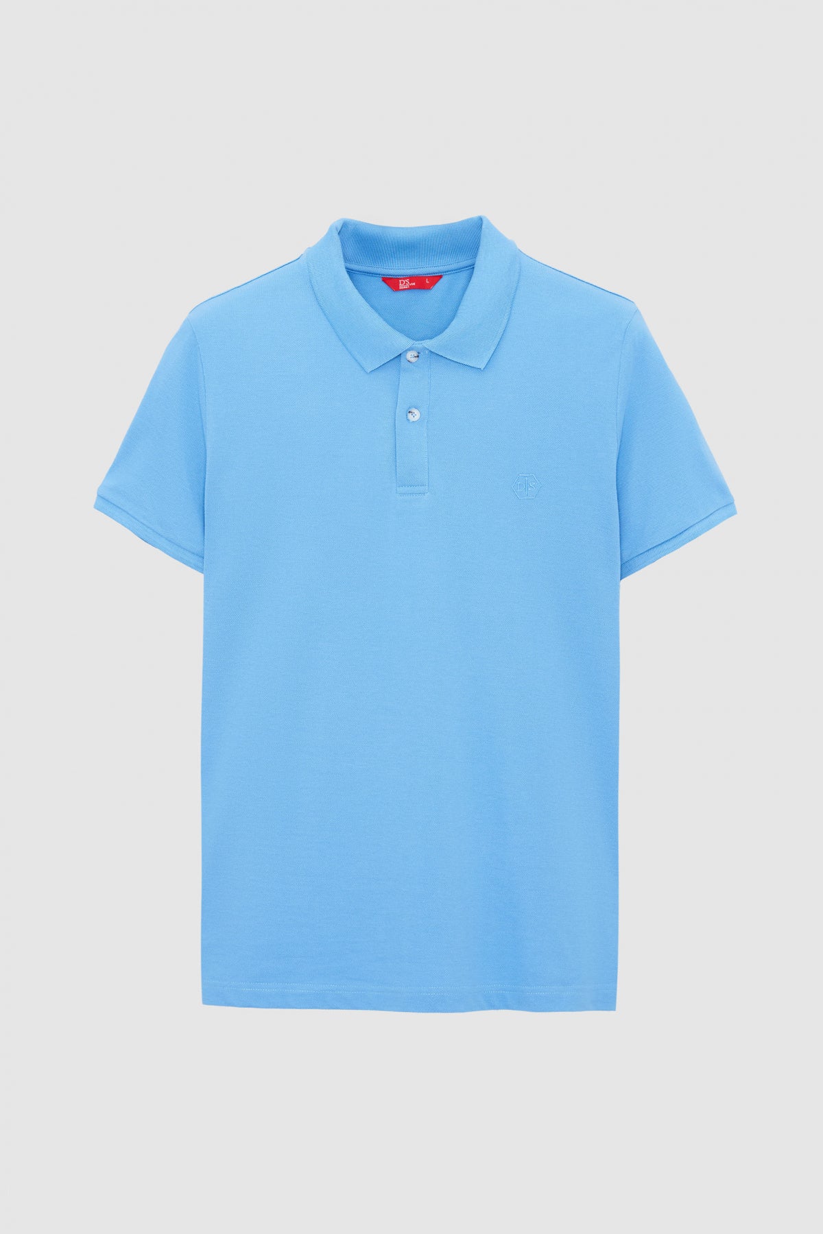 Ds Damat Regular Fit Textured 100% Cotton Wrinkle-Resistant Polo Collar Embroidered T-Shirt  - Light Indigo