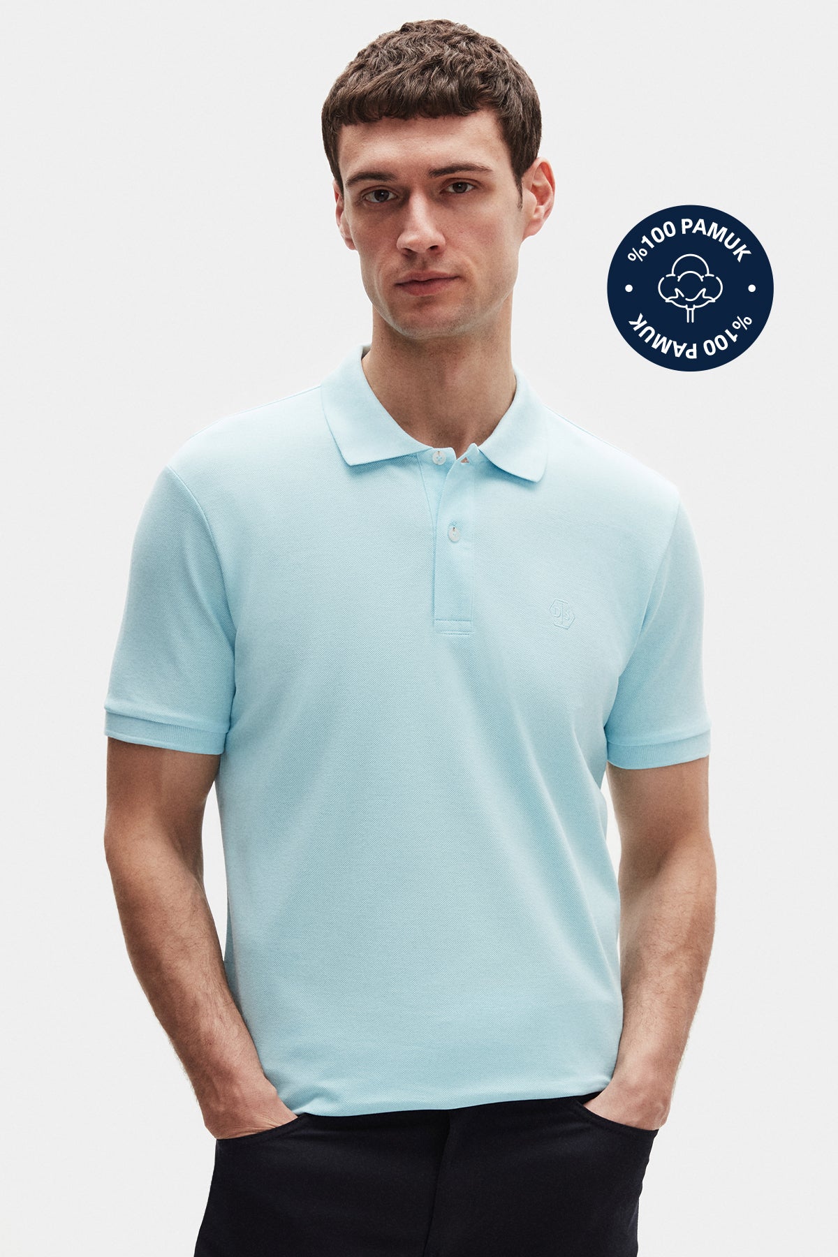 Ds Damat Regular Fit Textured 100% Cotton Wrinkle-Resistant Polo Collar Embroidered T-Shirt  - Light Turquoise