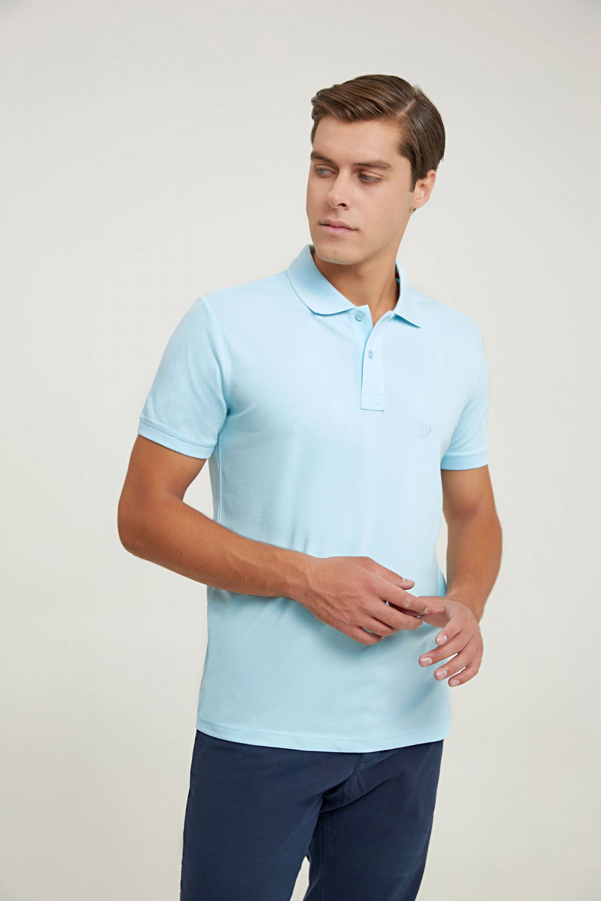 Ds Damat Regular Fit Textured 100% Cotton Wrinkle-Resistant Polo Collar Embroidered T-Shirt  - Light Turquoise