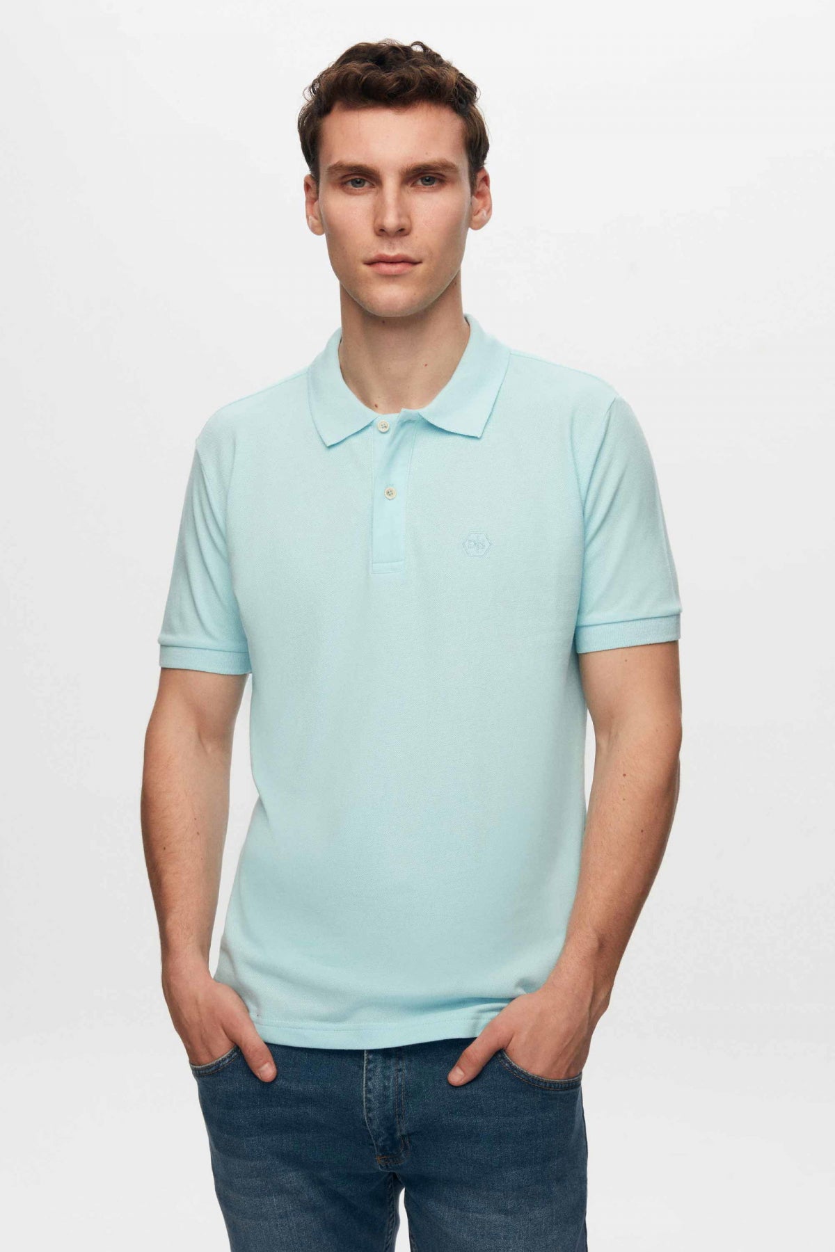 Ds Damat Regular Fit Textured 100% Cotton Wrinkle-Resistant Polo Collar Embroidered T-Shirt  - Light Turquoise
