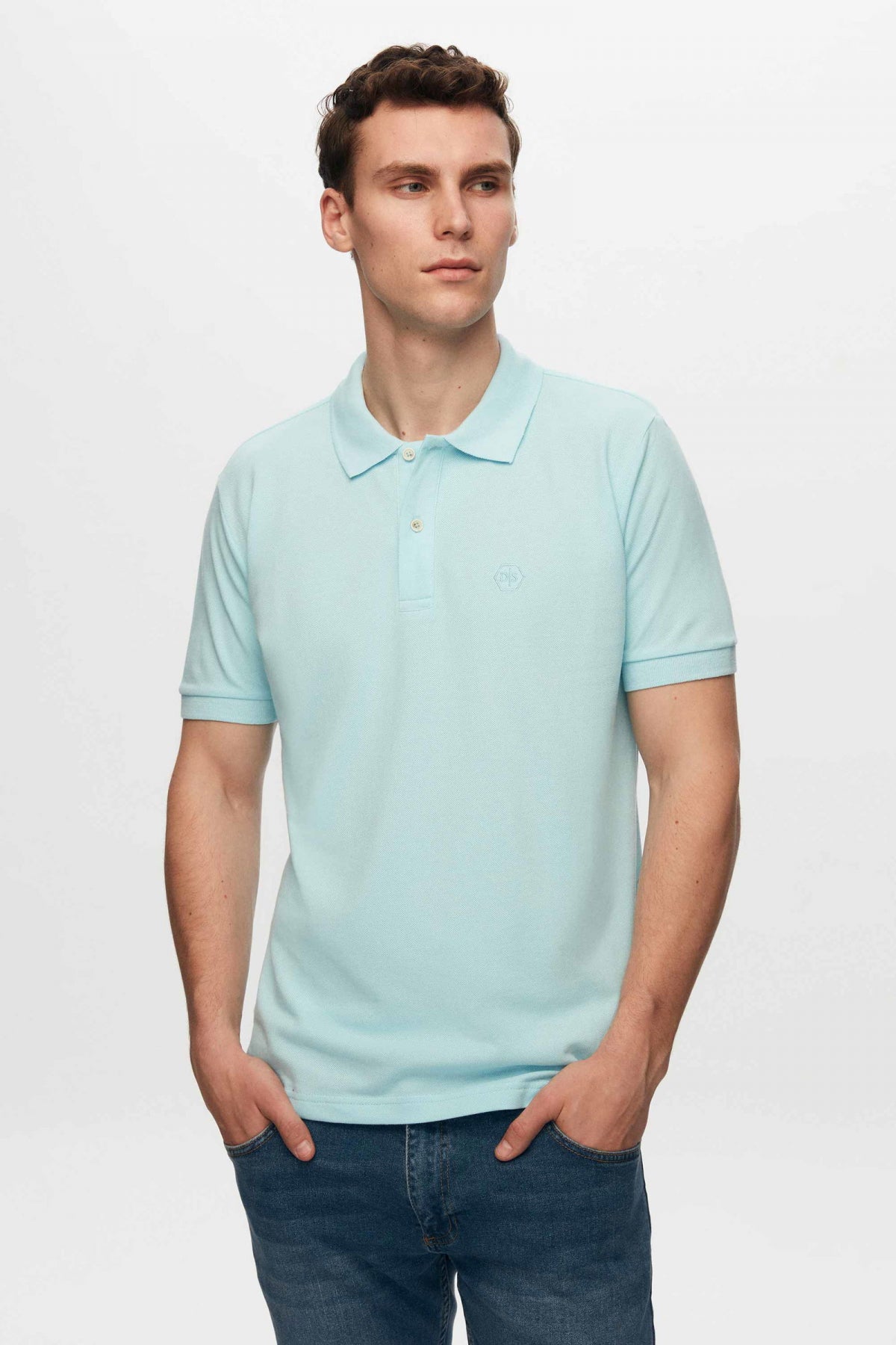Ds Damat Regular Fit Textured 100% Cotton Wrinkle-Resistant Polo Collar Embroidered T-Shirt  - Light Turquoise