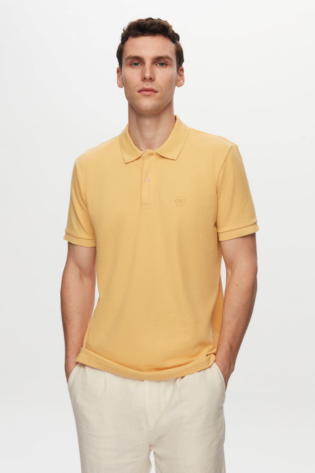 Ds Damat Regular Fit Textured 100% Cotton Wrinkle-Resistant Polo Collar Embroidered T-Shirt  - Light Yellow