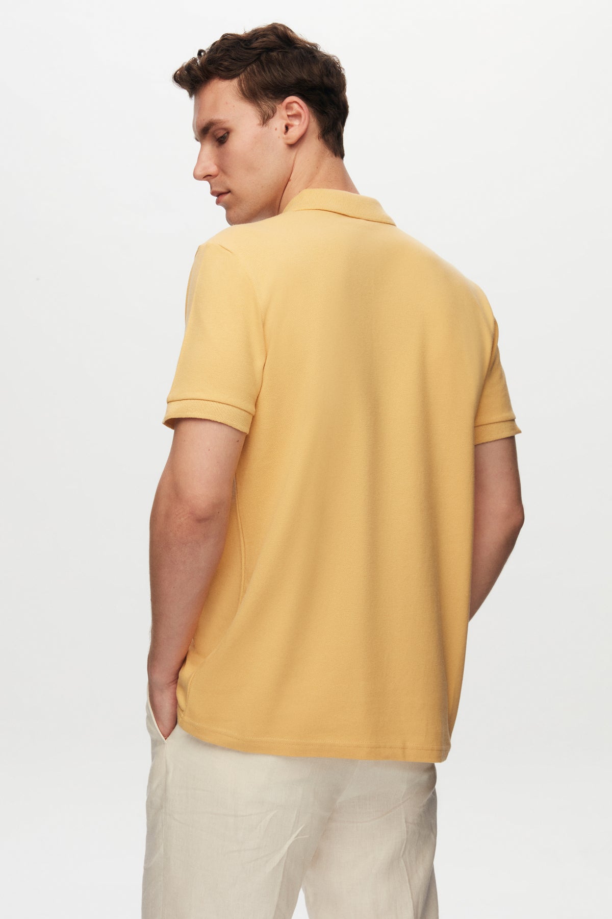 Ds Damat Regular Fit Textured 100% Cotton Wrinkle-Resistant Polo Collar Embroidered T-Shirt  - Light Yellow
