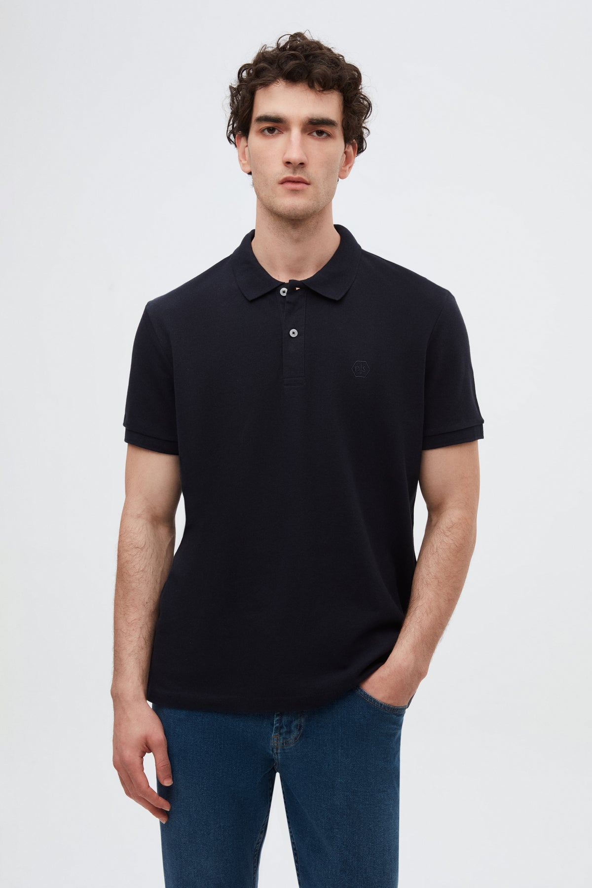 Ds Damat Regular Fit Textured 100% Cotton Wrinkle-Resistant Polo Collar Embroidered T-Shirt  - Navy Blue