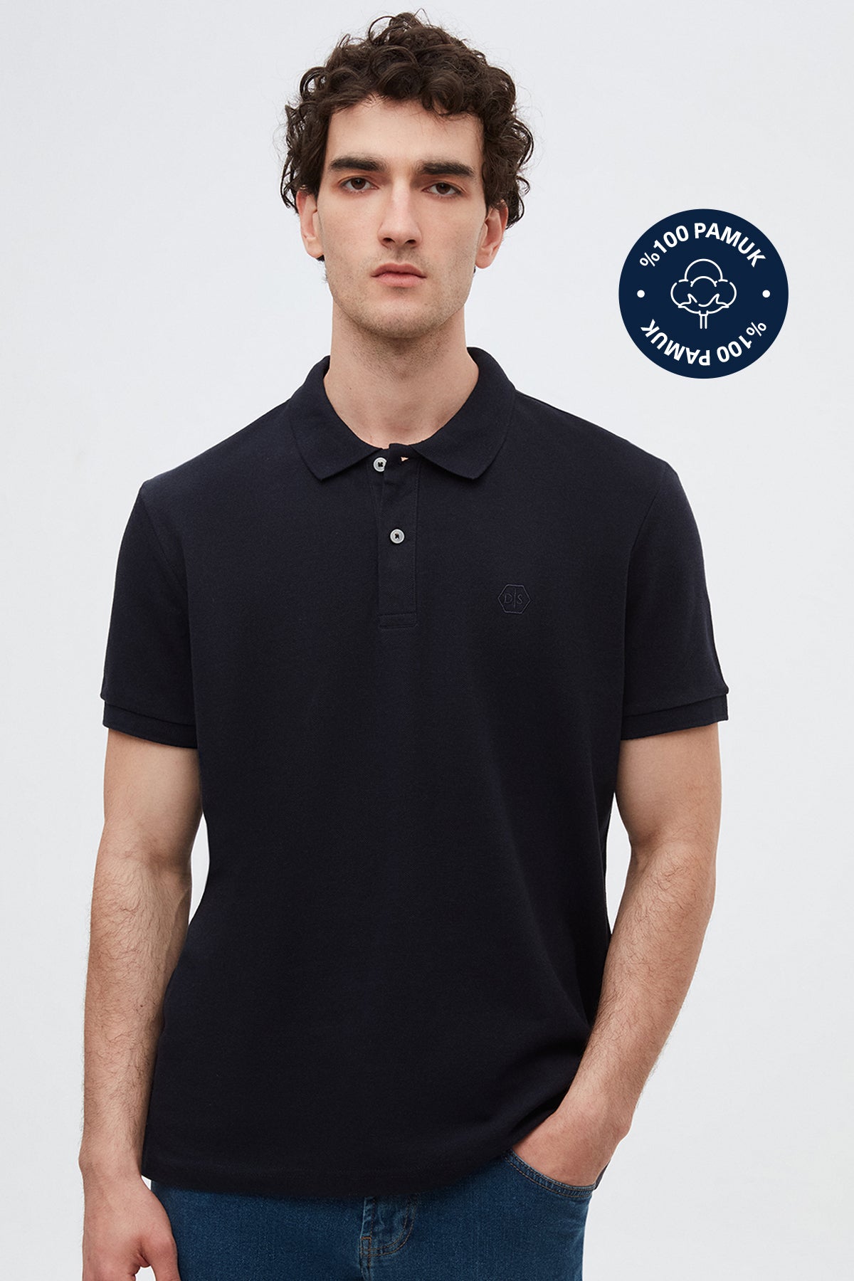 Ds Damat Regular Fit Textured 100% Cotton Wrinkle-Resistant Polo Collar Embroidered T-Shirt  - Navy Blue