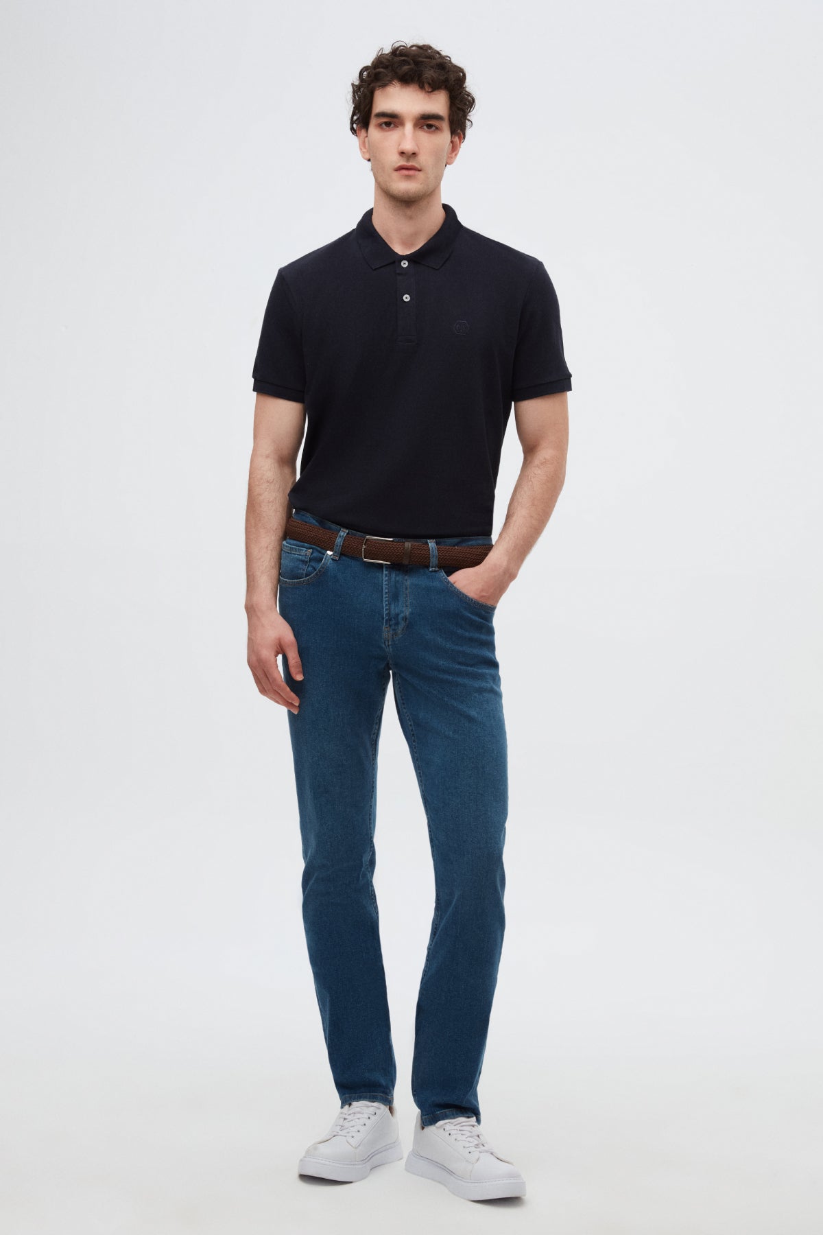 Ds Damat Regular Fit Textured 100% Cotton Wrinkle-Resistant Polo Collar Embroidered T-Shirt  - Navy Blue