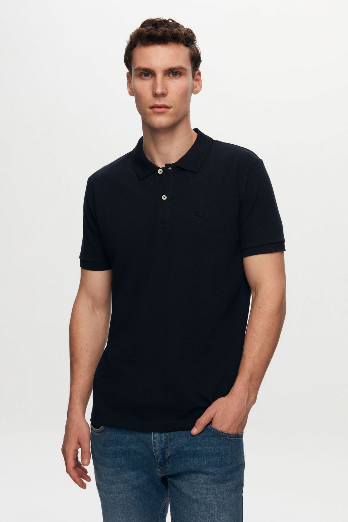 Ds Damat Regular Fit Textured 100% Cotton Wrinkle-Resistant Polo Collar Embroidered T-Shirt  - Navy Blue