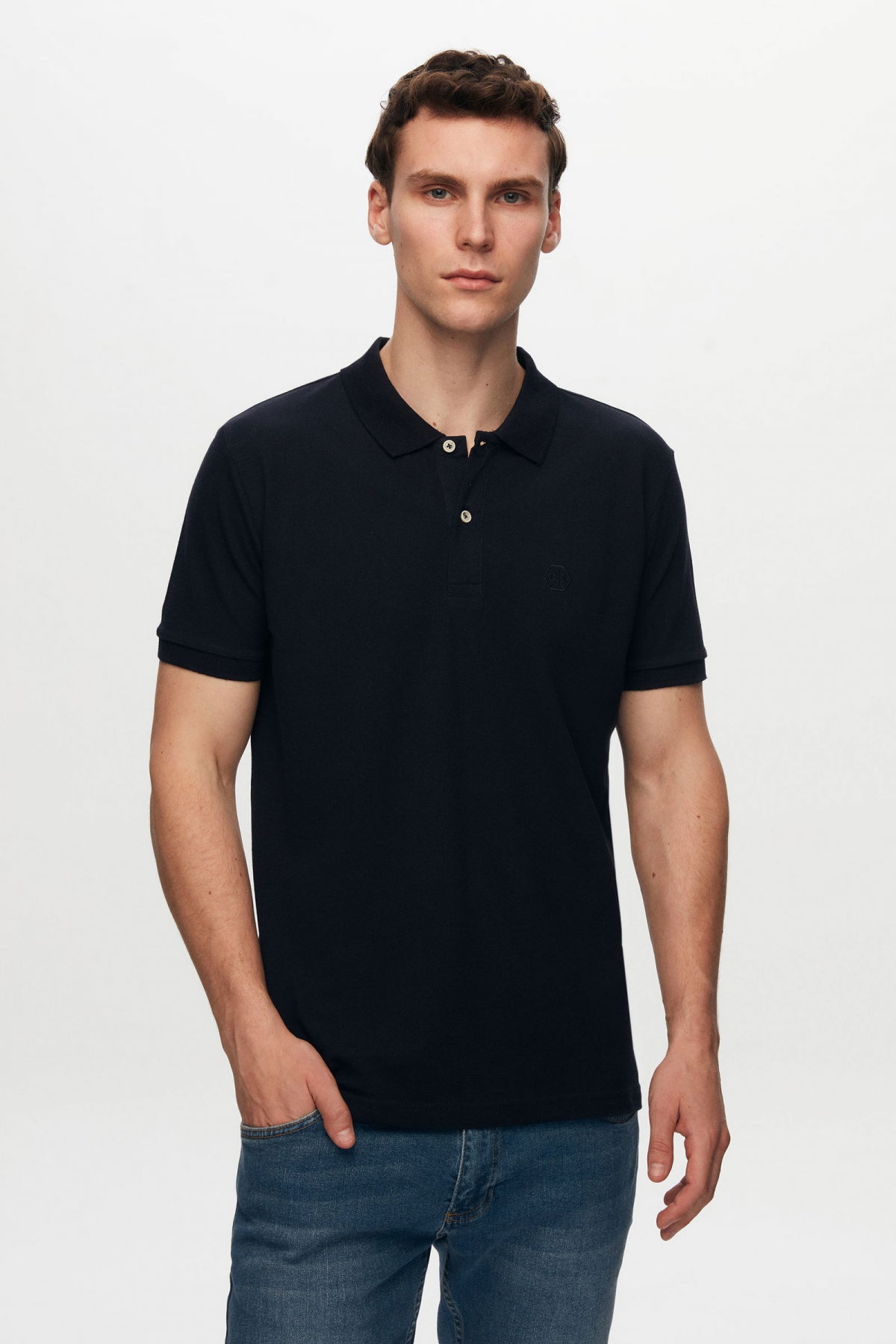 Ds Damat Regular Fit Textured 100% Cotton Wrinkle-Resistant Polo Collar Embroidered T-Shirt  - Navy Blue