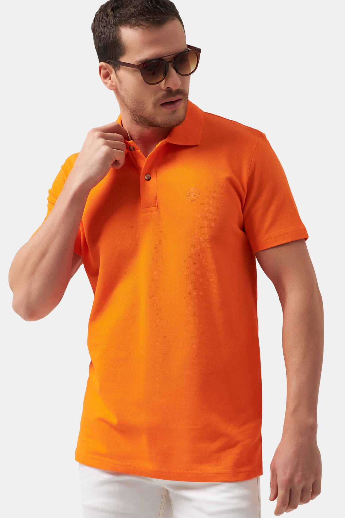 Ds Damat Regular Fit Textured 100% Cotton Wrinkle-Resistant Polo Collar Embroidered T-Shirt  - Orange