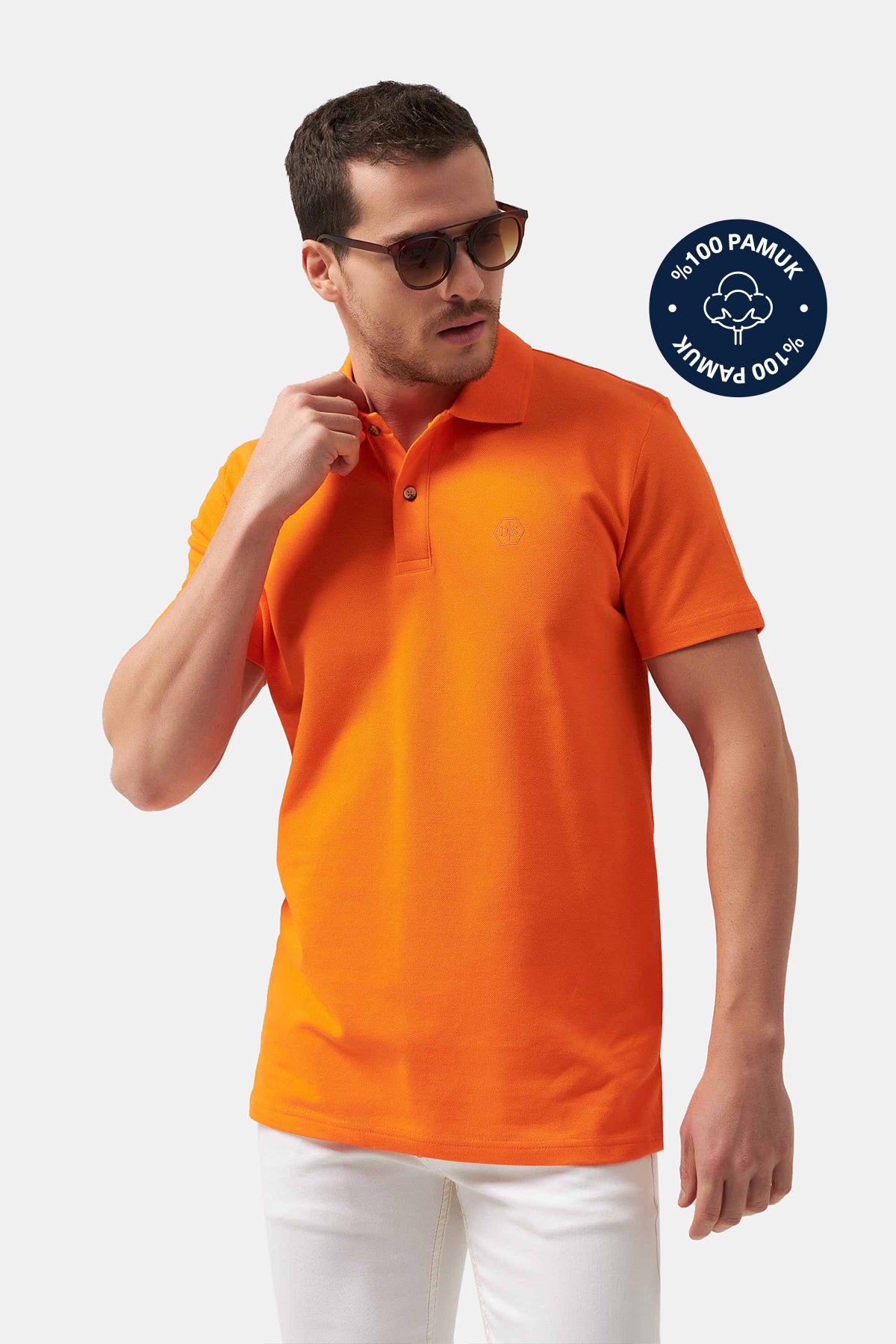 Ds Damat Regular Fit Textured 100% Cotton Wrinkle-Resistant Polo Collar Embroidered T-Shirt  - Orange