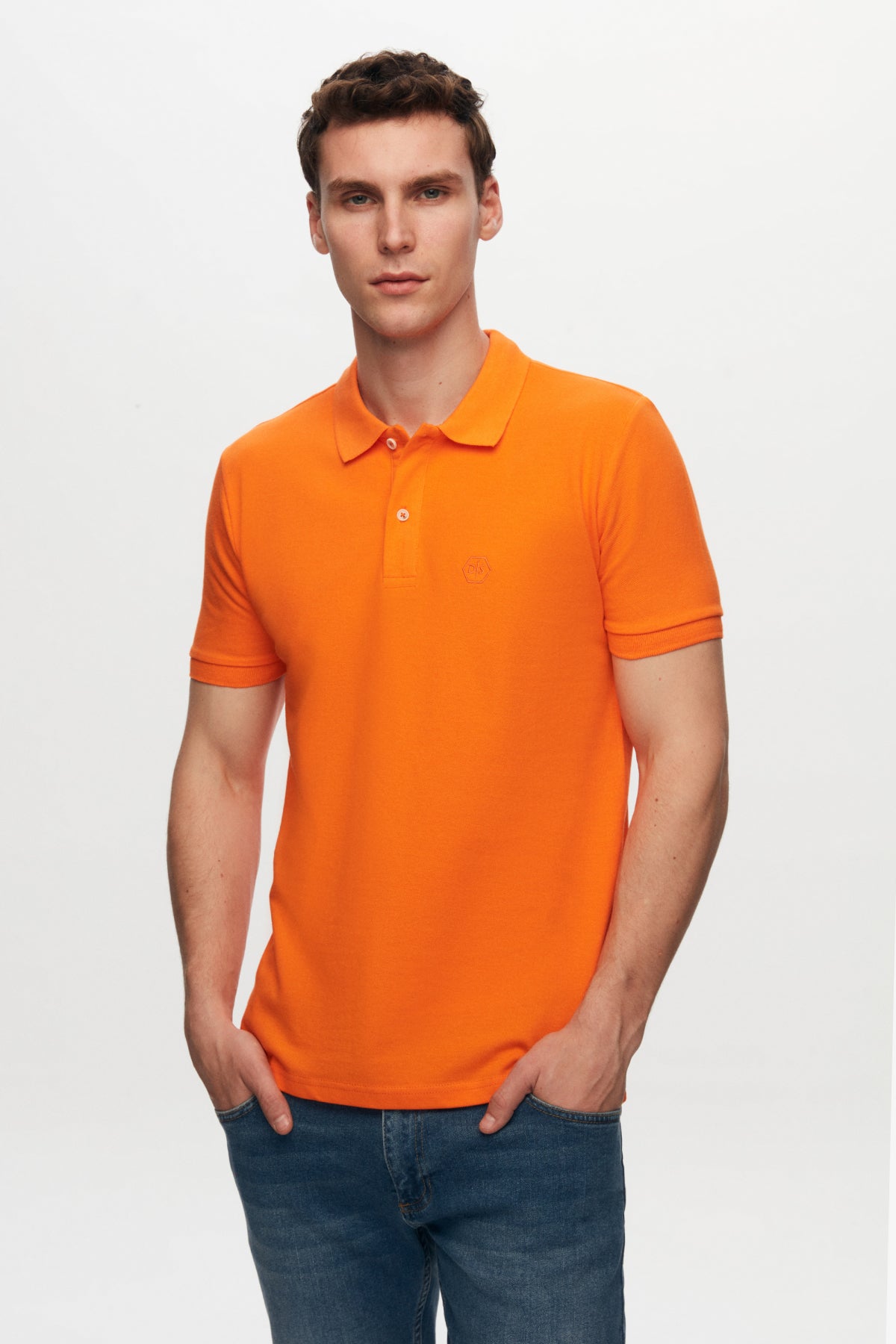 Ds Damat Regular Fit Textured 100% Cotton Wrinkle-Resistant Polo Collar Embroidered T-Shirt  - Orange