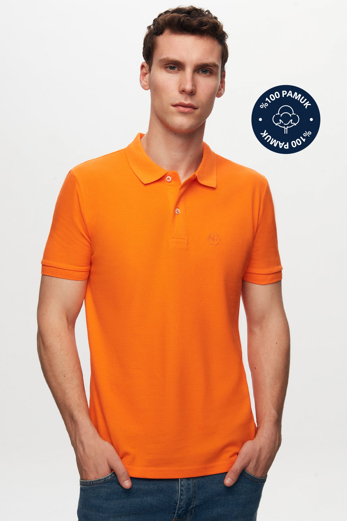 Ds Damat Regular Fit Textured 100% Cotton Wrinkle-Resistant Polo Collar Embroidered T-Shirt  - Orange