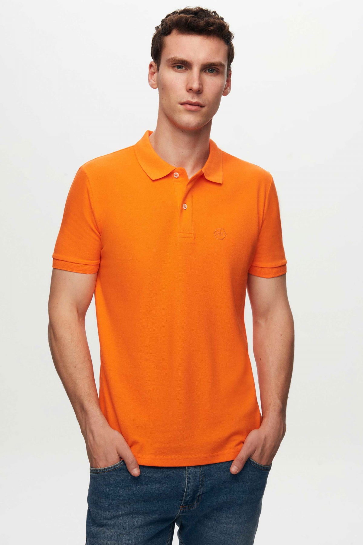 Ds Damat Regular Fit Textured 100% Cotton Wrinkle-Resistant Polo Collar Embroidered T-Shirt  - Orange