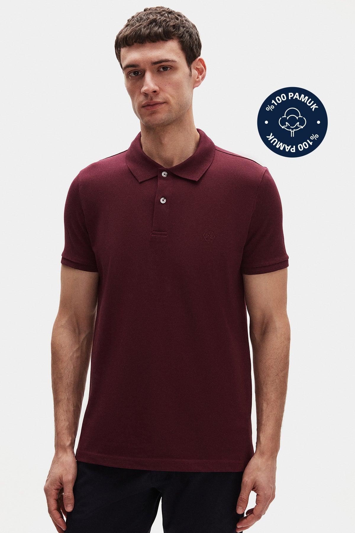 Ds Damat Regular Fit Textured 100% Cotton Wrinkle-Resistant Polo Collar Embroidered T-Shirt  - Plum