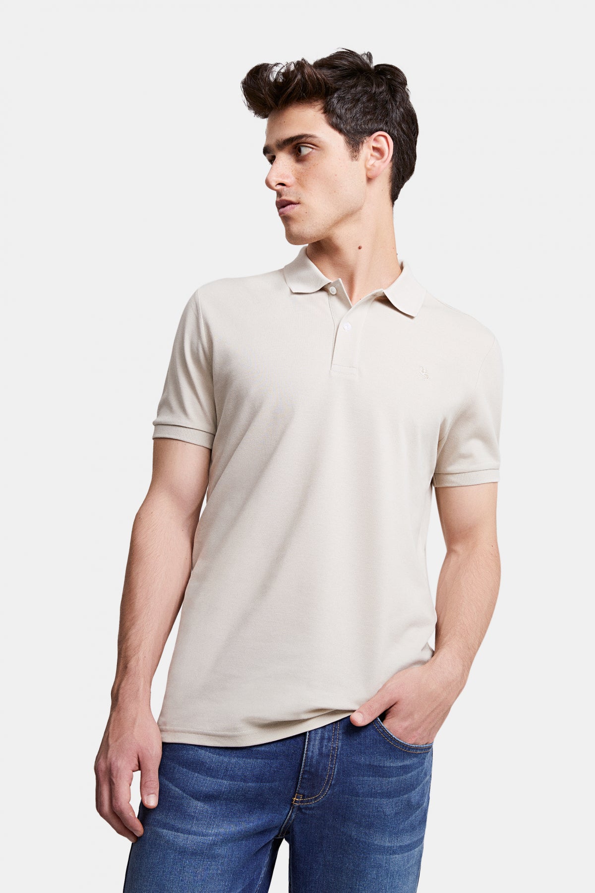 Ds Damat Regular Fit Textured 100% Cotton Wrinkle-Resistant Polo Collar Embroidered T-Shirt  - Stone