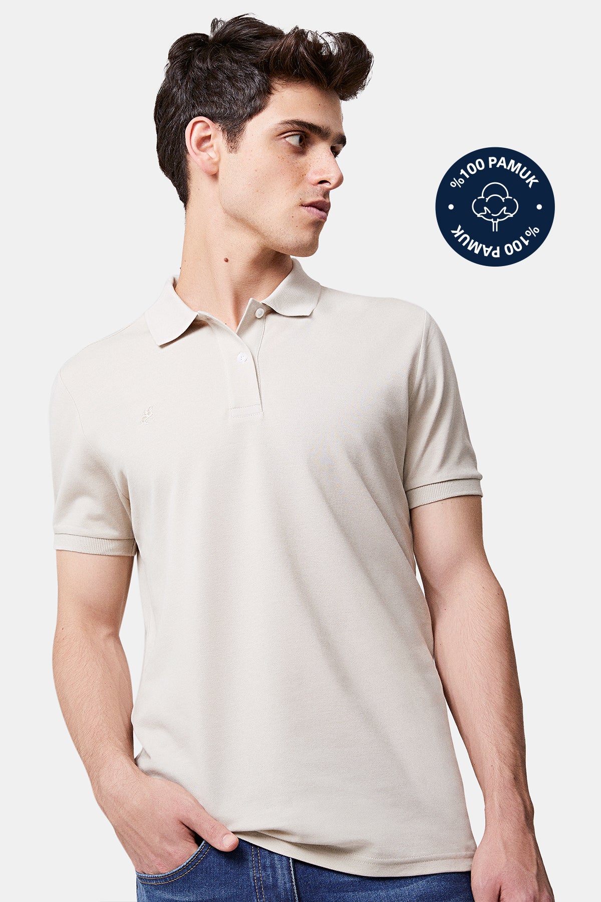 Ds Damat Regular Fit Textured 100% Cotton Wrinkle-Resistant Polo Collar Embroidered T-Shirt  - Stone