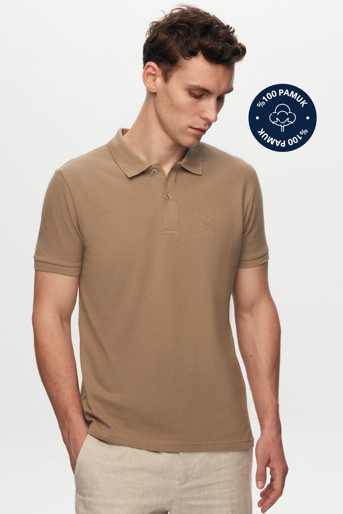 Ds Damat Regular Fit Textured 100% Cotton Wrinkle-Resistant Polo Collar Embroidered T-Shirt  - Taupe