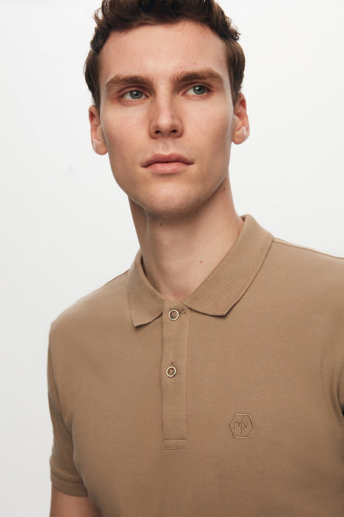 Ds Damat Regular Fit Textured 100% Cotton Wrinkle-Resistant Polo Collar Embroidered T-Shirt  - Taupe