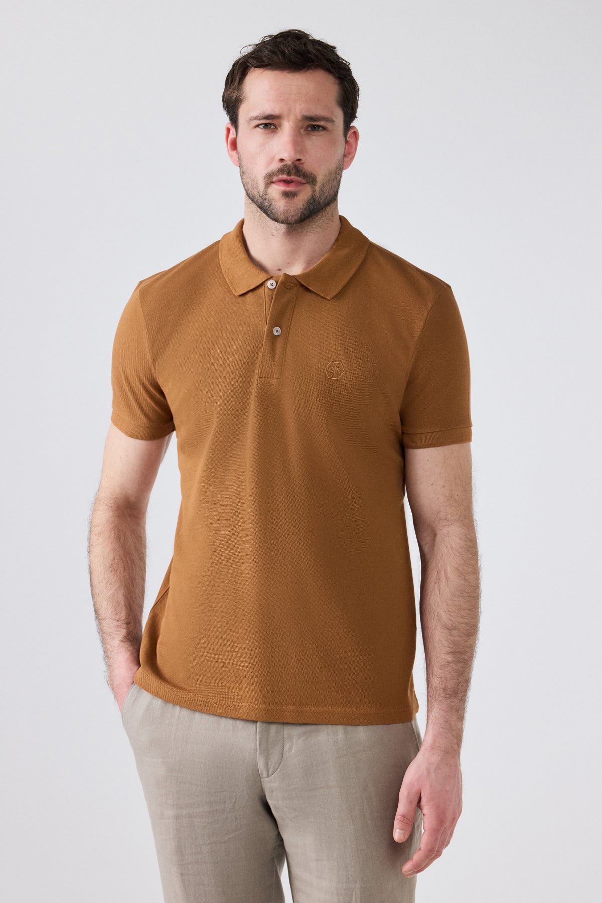 Ds Damat Regular Fit Textured 100% Cotton Wrinkle-Resistant Polo Collar Embroidered T-Shirt  - Tobacco