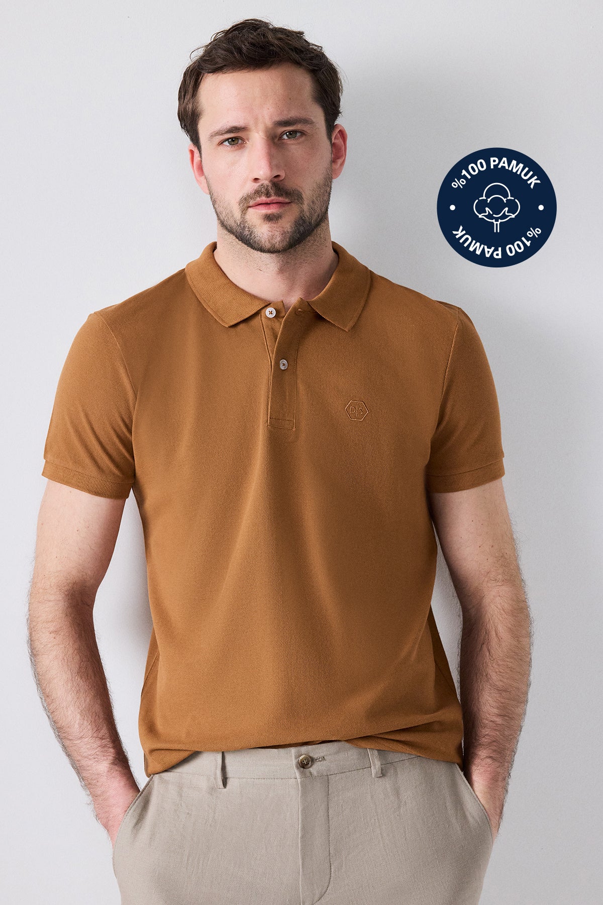 Ds Damat Regular Fit Textured 100% Cotton Wrinkle-Resistant Polo Collar Embroidered T-Shirt  - Tobacco