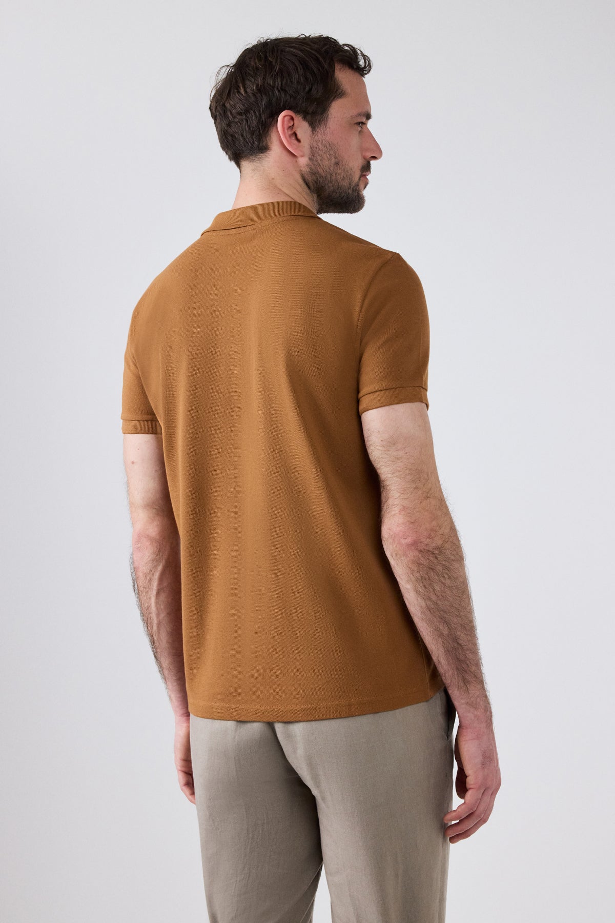 Ds Damat Regular Fit Textured 100% Cotton Wrinkle-Resistant Polo Collar Embroidered T-Shirt  - Tobacco