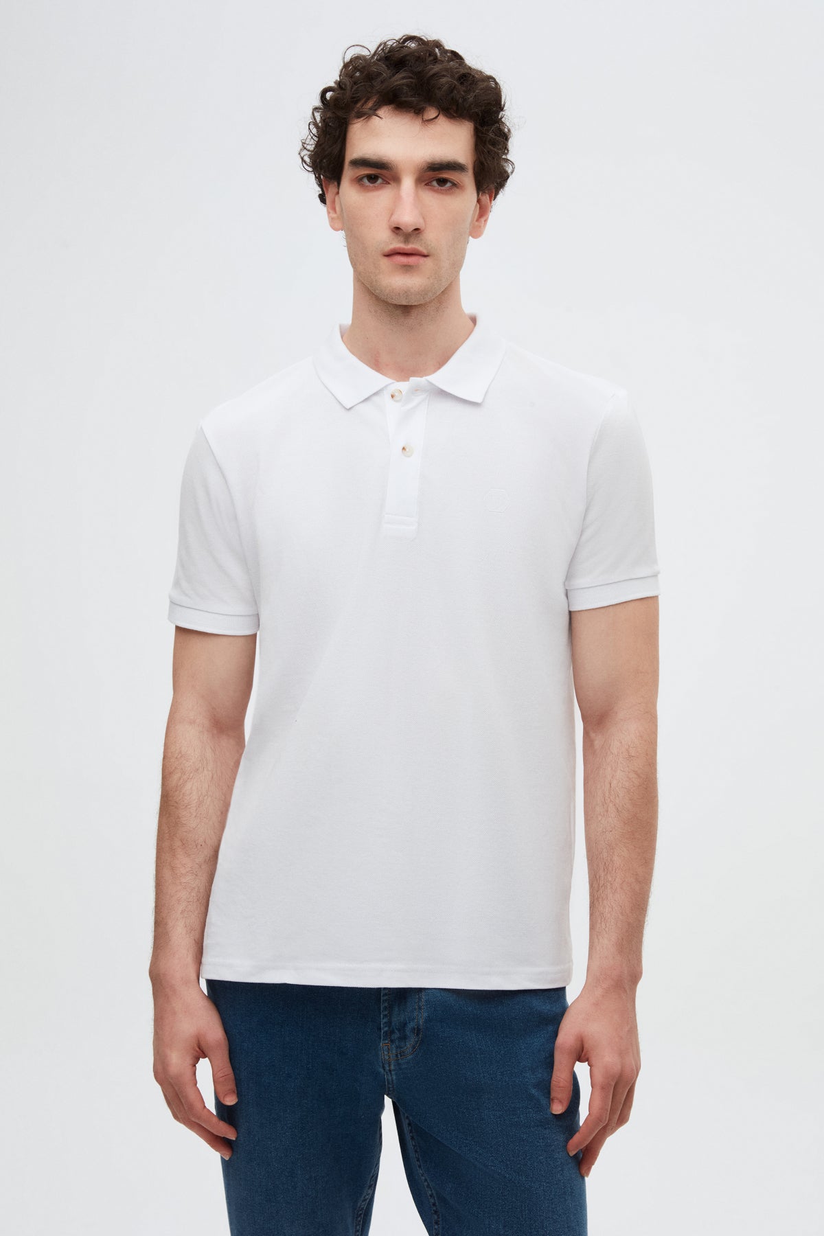 Ds Damat Regular Fit Textured 100% Cotton Wrinkle-Resistant Polo Collar Embroidered T-Shirt  - White