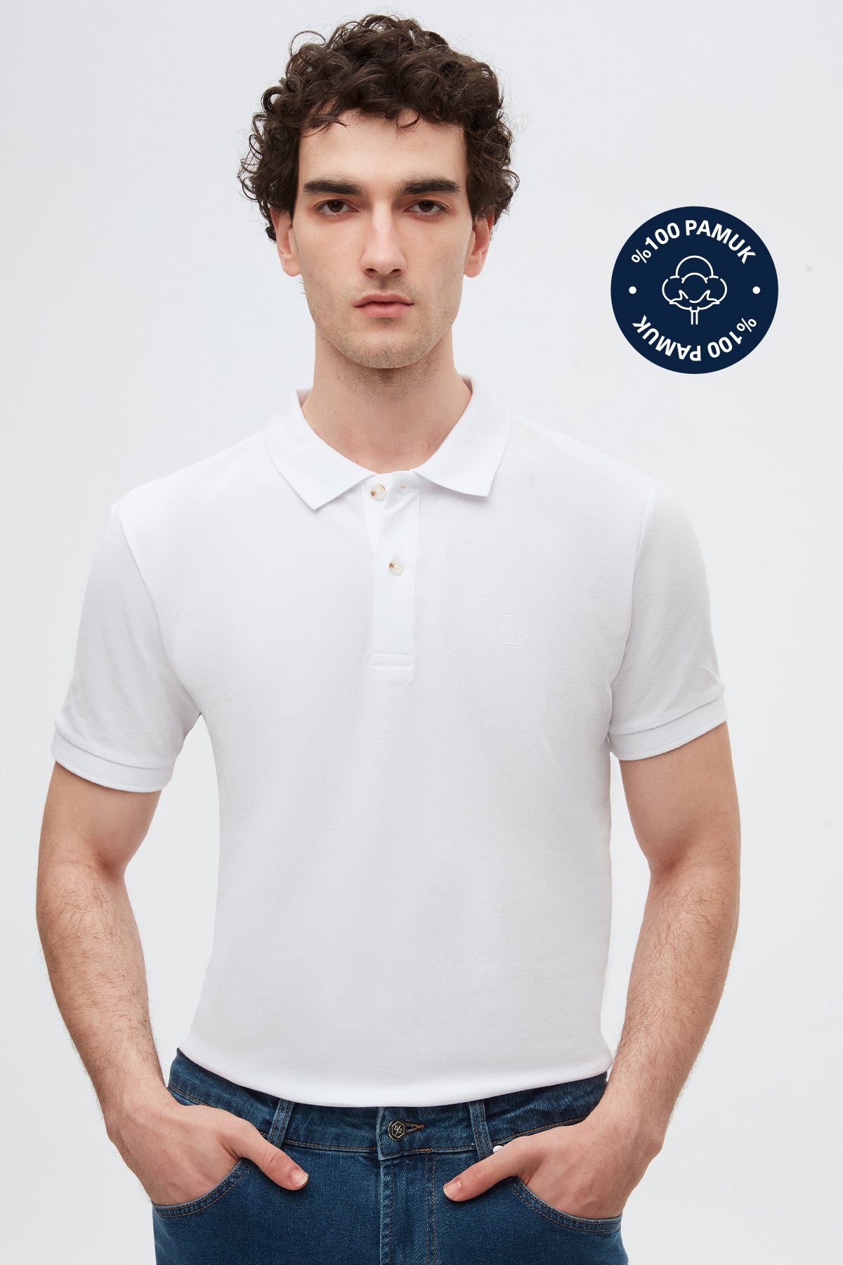 Ds Damat Regular Fit Textured 100% Cotton Wrinkle-Resistant Polo Collar Embroidered T-Shirt  - White