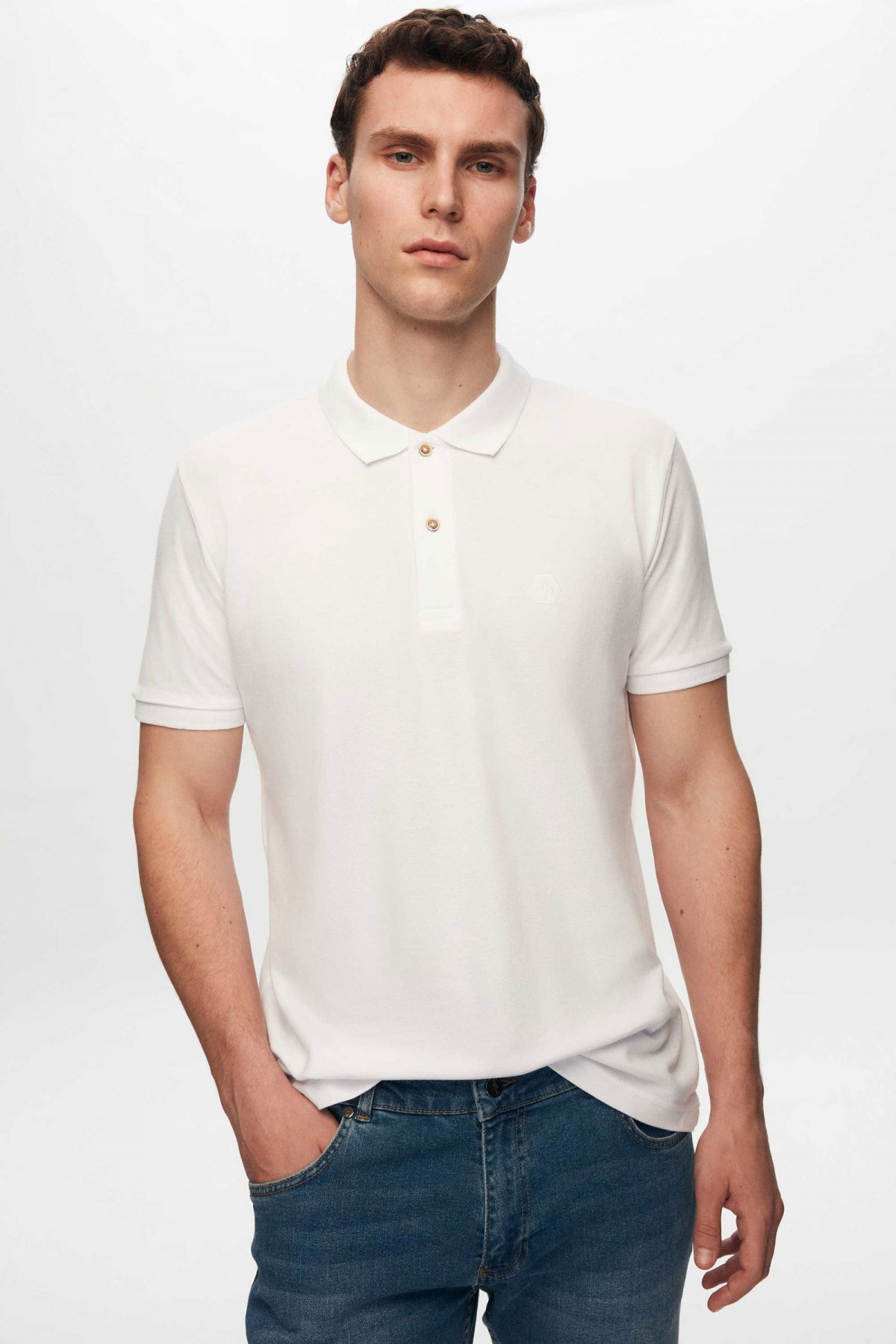 Ds Damat Regular Fit Textured 100% Cotton Wrinkle-Resistant Polo Collar Embroidered T-Shirt  - White
