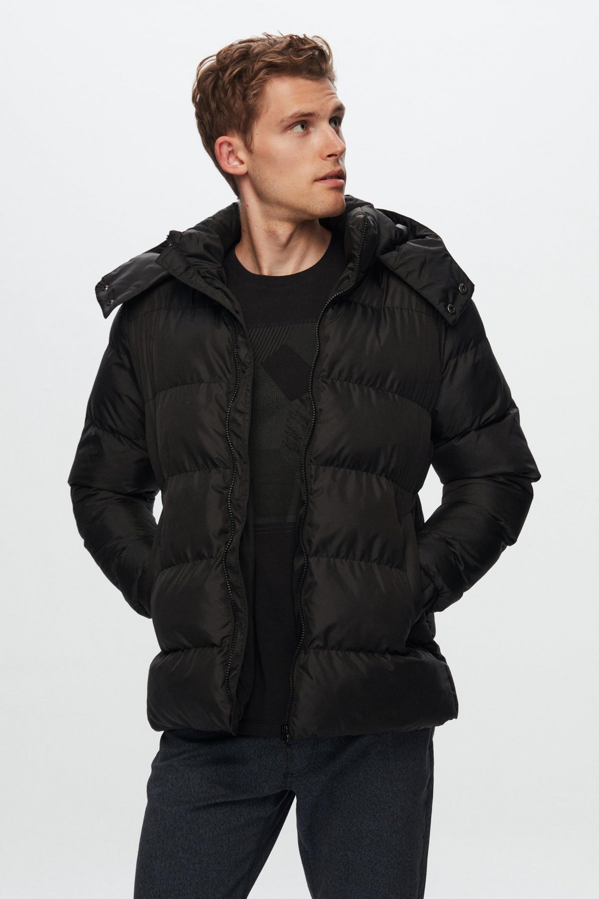 Ds Damat Regular Fit Windproof Heavy Fiber-Filled Warm Removable Hood Winter Puffer Jacket  - Black